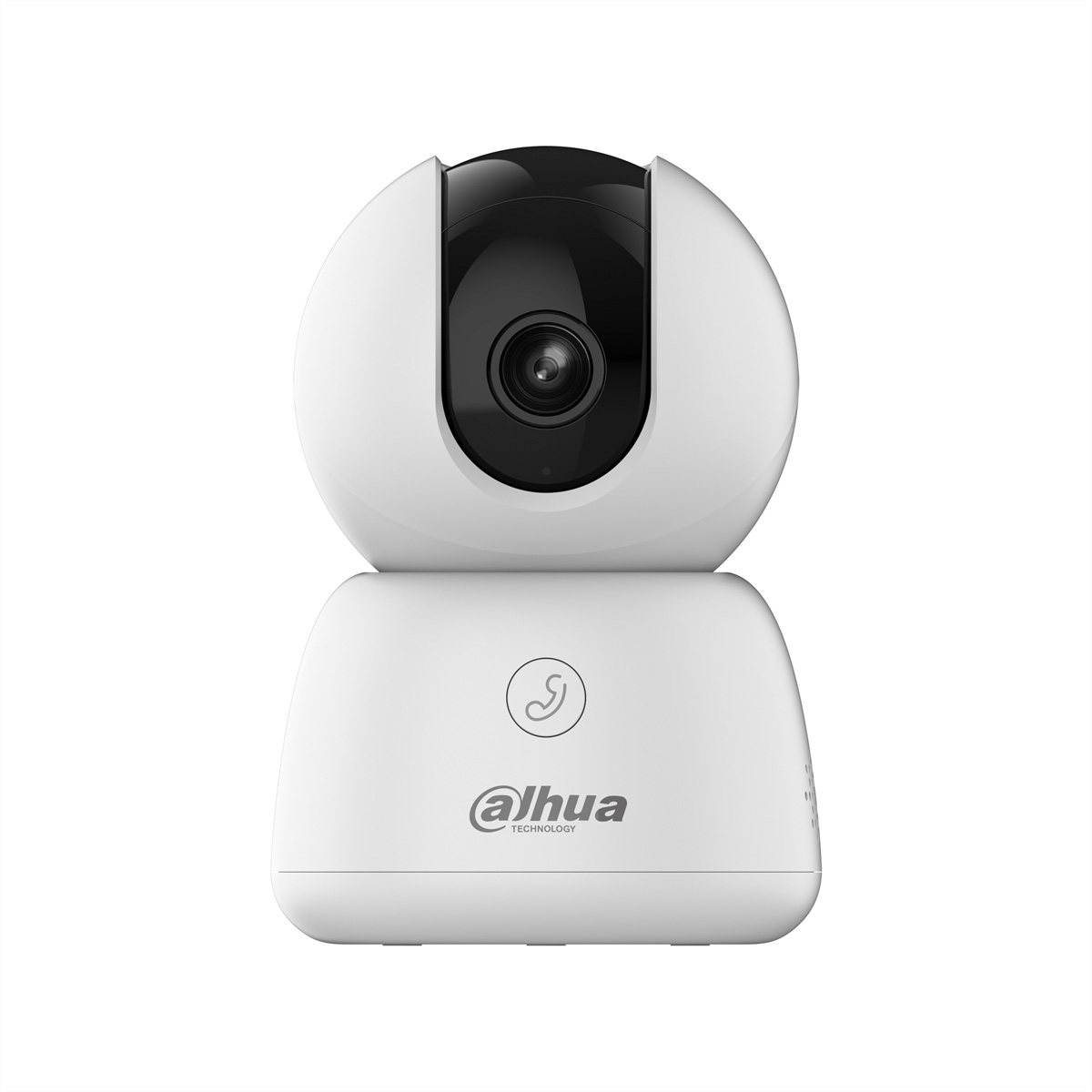 Biało-czarna kamera bezpieczeństwa. Ma zaokrągloną górę z czarnym obiektywem i prostokątną podstawę z logo 'dahua'.