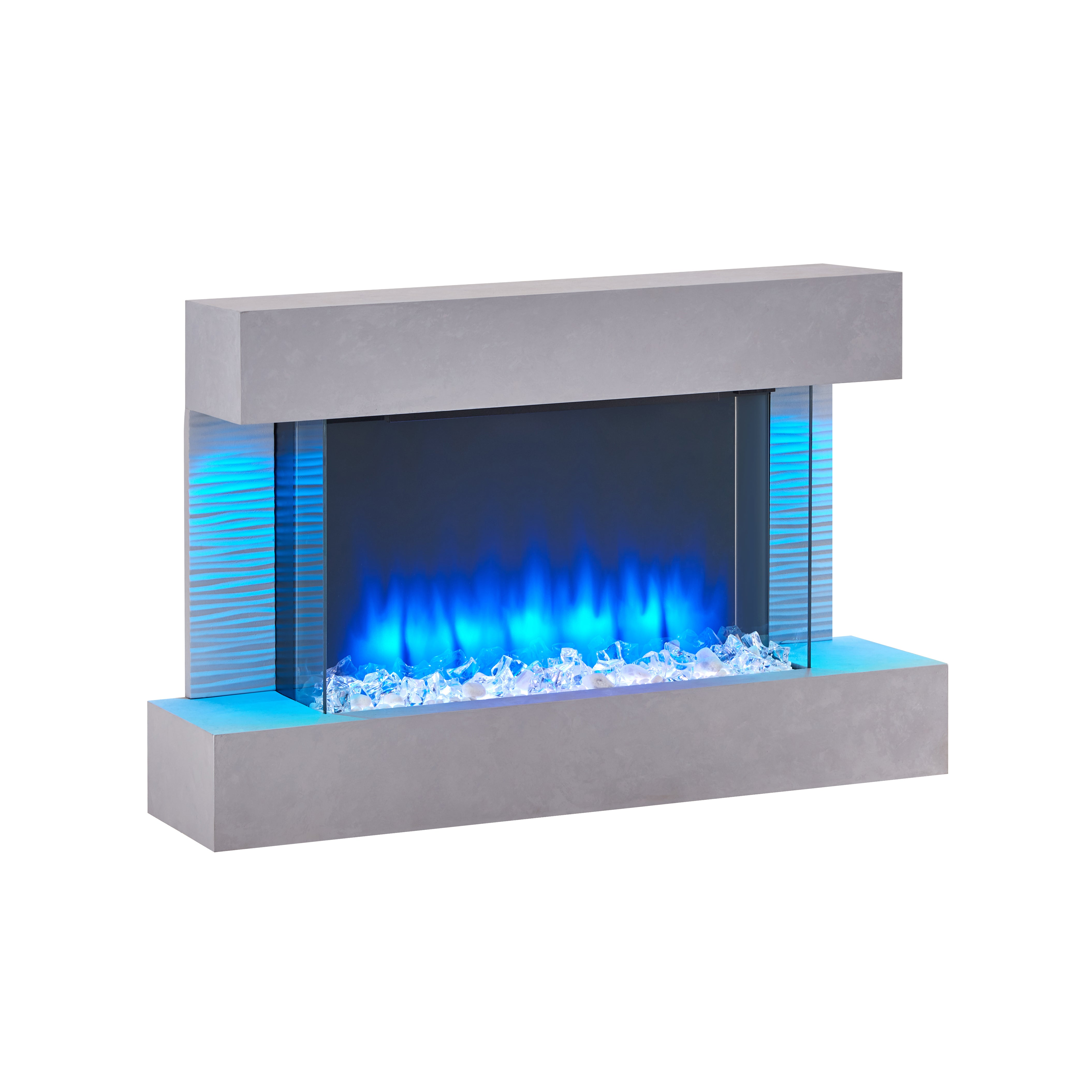 Ein moderner Elektrokamin. Er hat eine graue Steinoberfläche und blaue Flammen hinter Glas. Der Sockel ist ebenfalls grau.