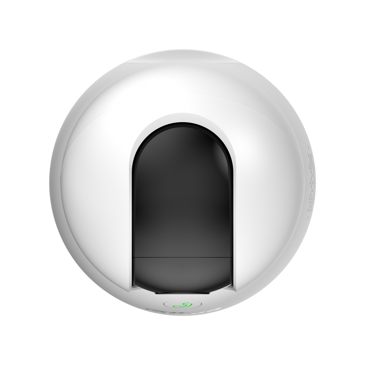 Biała, sferyczna kamera bezpieczeństwa z czarnym obszarem obiektywu. Ma zielony wskaźnik zasilania na dole.