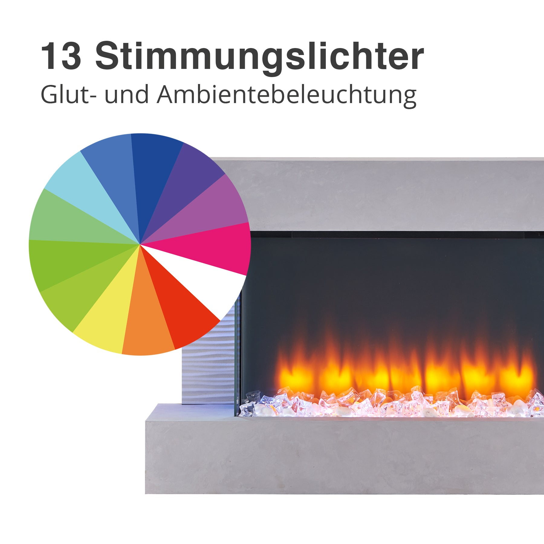 Das Bild zeigt einen Kamin mit bunten Lichtern. Ein Farbrad befindet sich links. Das Feuer hat glasartige Objekte.