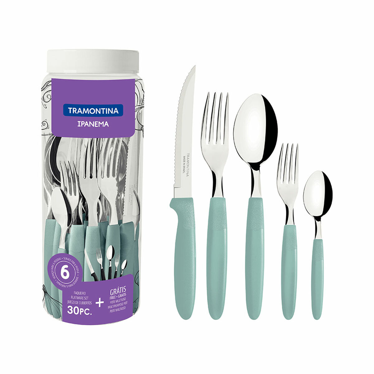 Ein Besteckset mit Messer, Gabeln, Löffeln und einem Behälter, alles auf weißem Hintergrund. Die Griffe sind türkis.