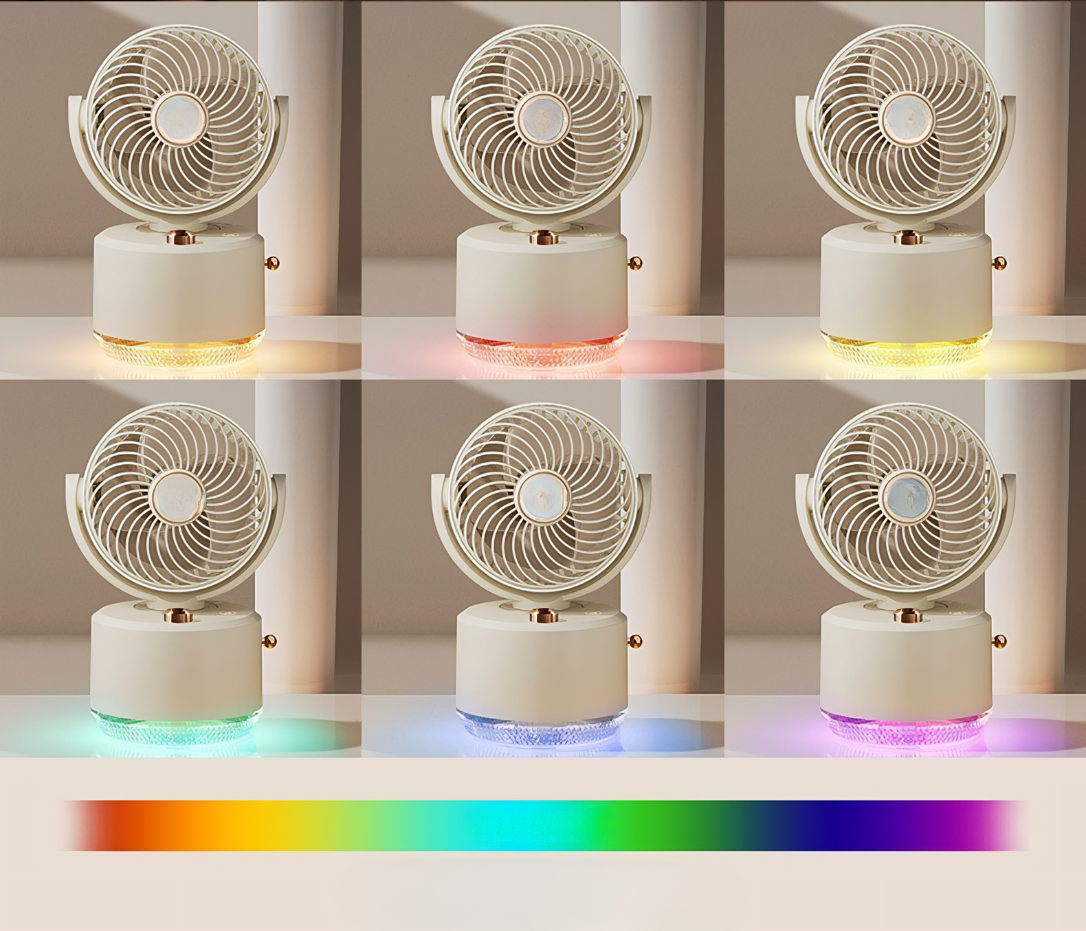 Sechs kleine Ventilatoren mit wechselnden Grundlichtern. Jeder Ventilator ist beige mit weißen Flügeln. Die Grundlichter wechseln durch verschiedene Farben.