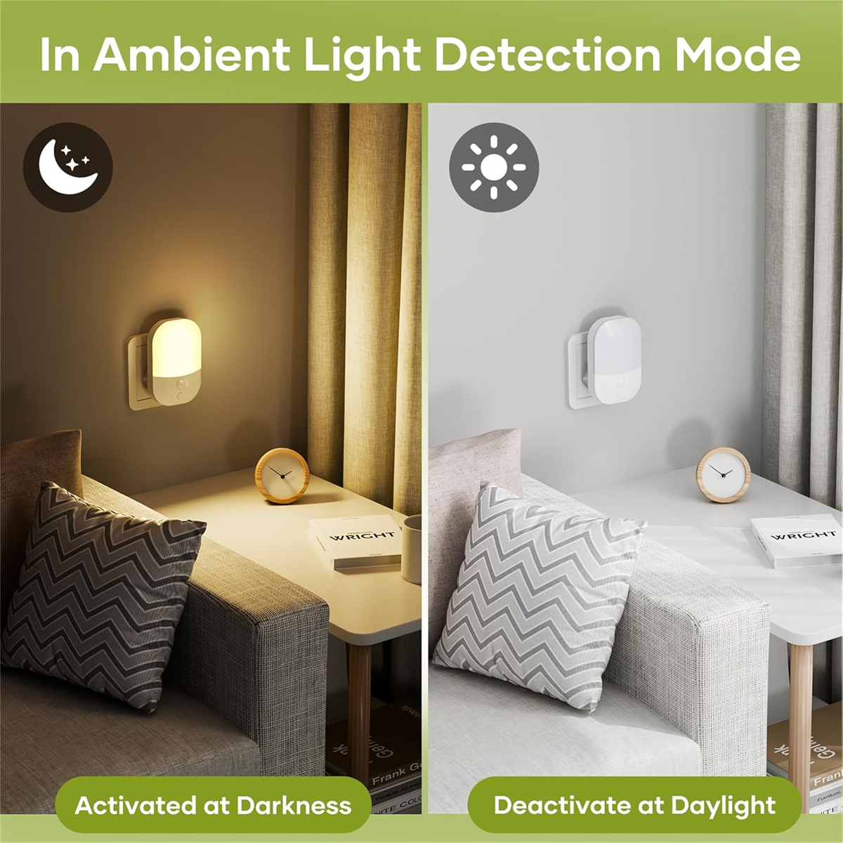 Das Bild zeigt ein Nachtlicht, das bei Dunkelheit aktiviert und bei Tageslicht deaktiviert wird. Enthält Sofa, Tisch, Uhr und Text: 'In Ambient Light Detection Mode'.