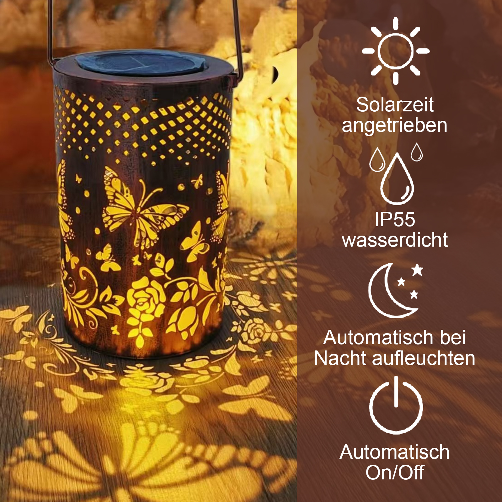 Eine Solar-Laterne mit Schmetterling- und Blumenausschnitten projiziert Lichtmuster. Merkmale: Solarstrom, IP55 wasserdicht, Automatik Ein/Aus.