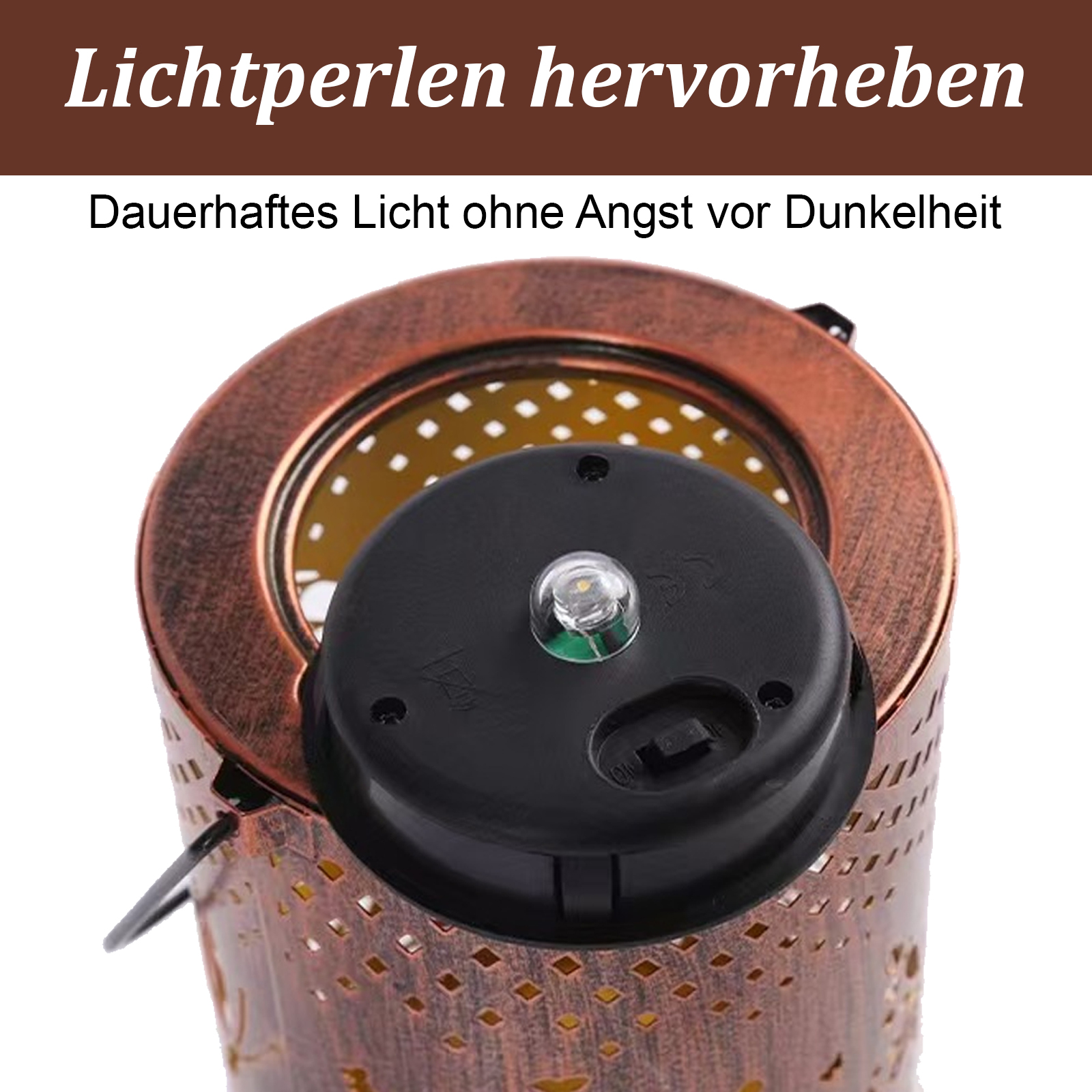Nahaufnahme einer dekorativen Lampe. Die Lampe ist braun, mit einem schwarzen Oberteil. Das Oberteil hat ein Licht und einen Ein-/Ausschalter.