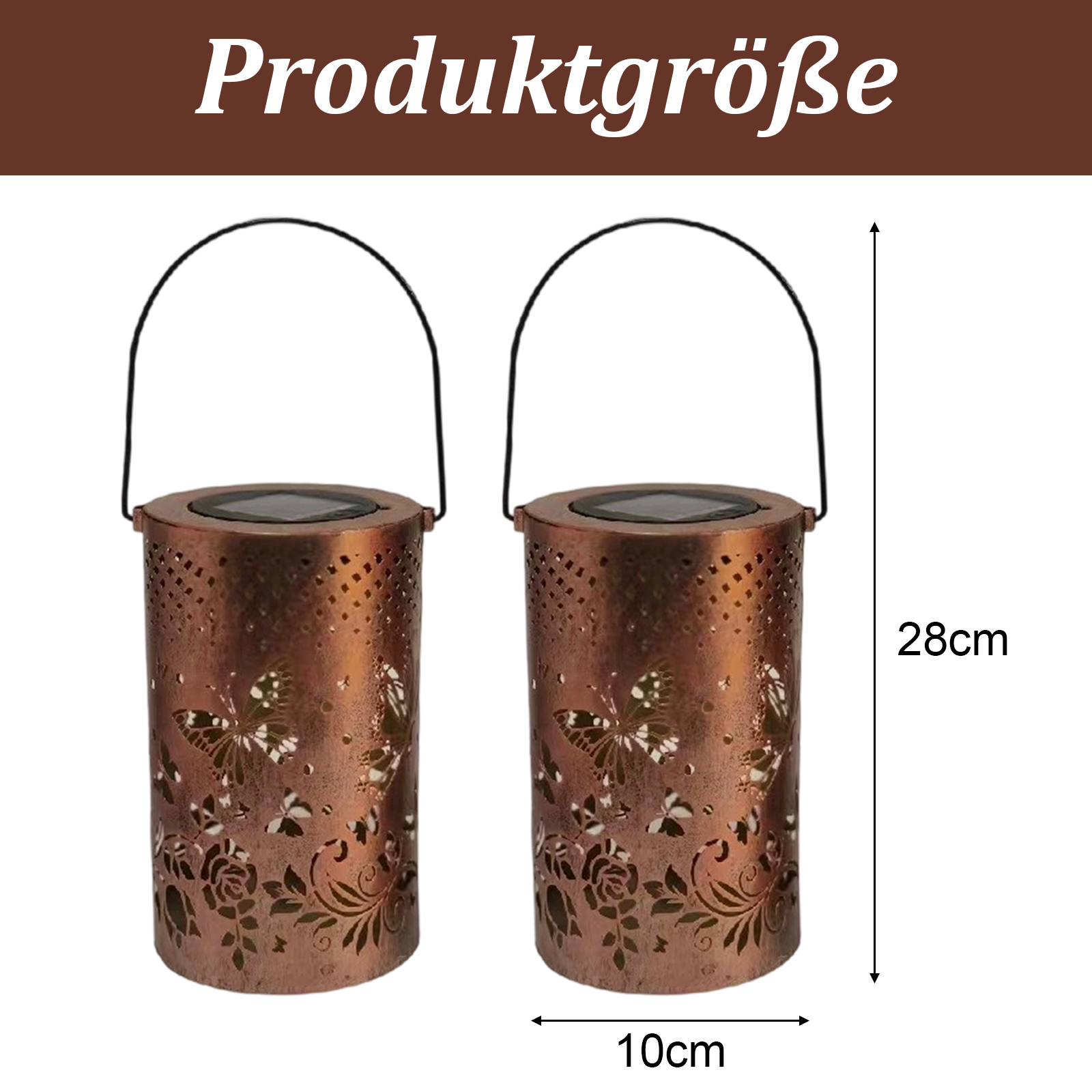 Zwei bronzefarbene Laternen mit Schmetterlingsausschnitten, 28 cm hoch, 10 cm breit und schwarzen Griffen. Der Hintergrund ist weiß.