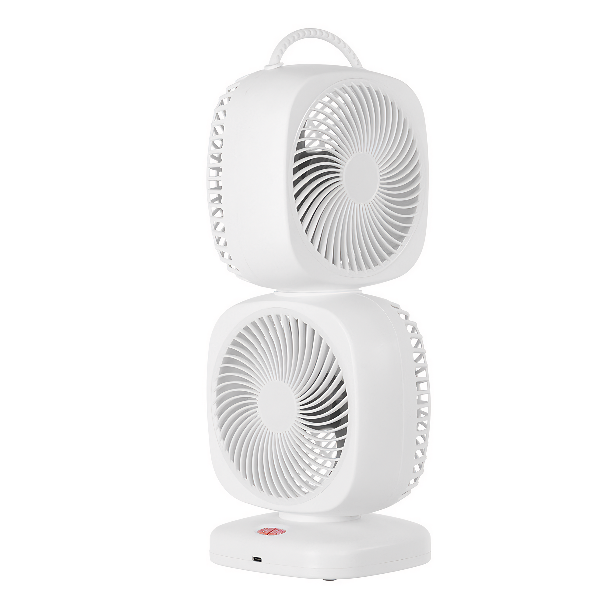 Ein weißer, doppelt gestapelter Ventilator mit Griff oben. Es hat zwei Ventilatorköpfe. Es steht auf einem weißen Sockel.