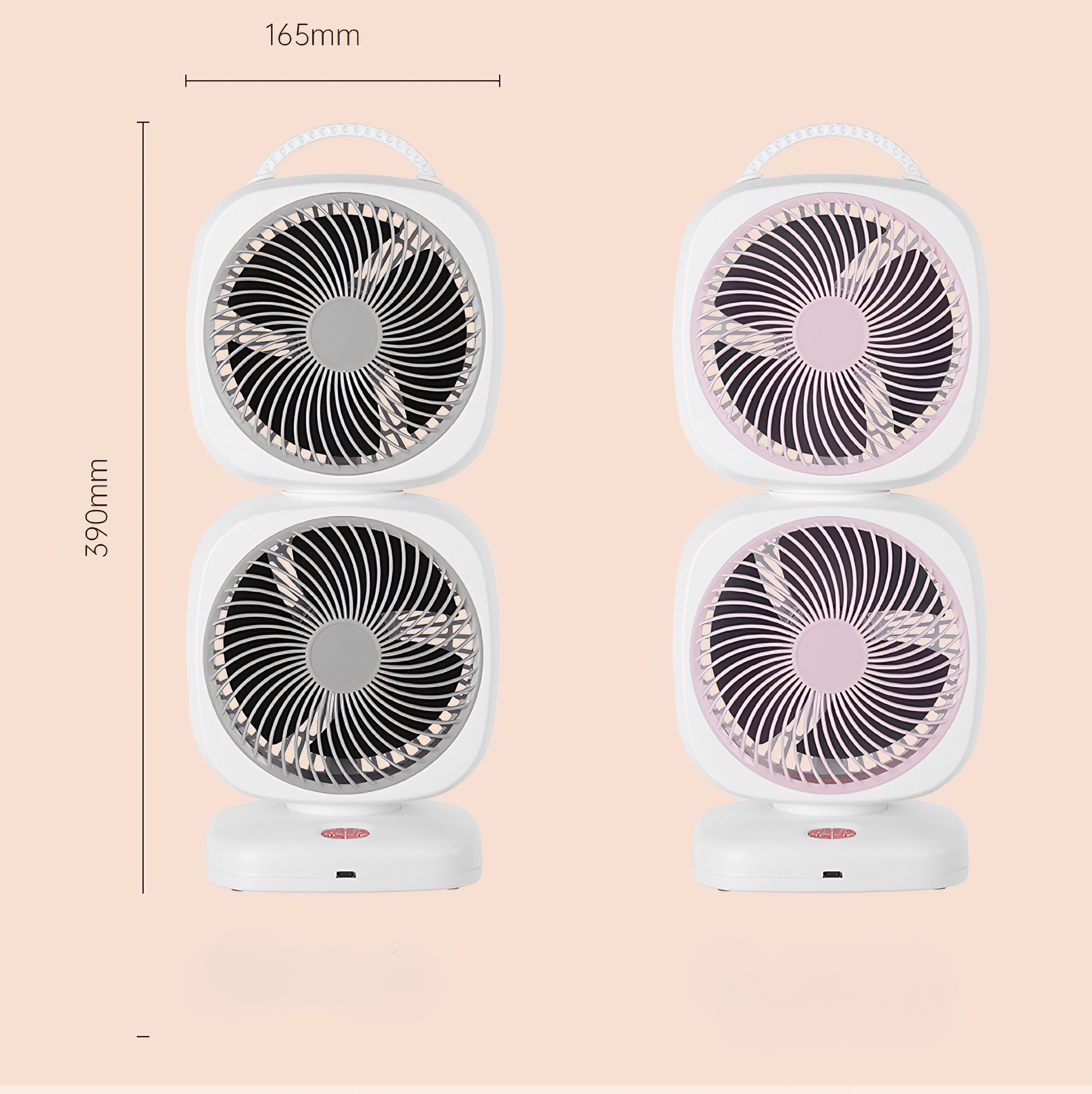 Vier weiße und rosa Ventilatoren. Jeder hat einen runden Ventilator mit Schutzgitter und Griff. Rosa Hintergrund.