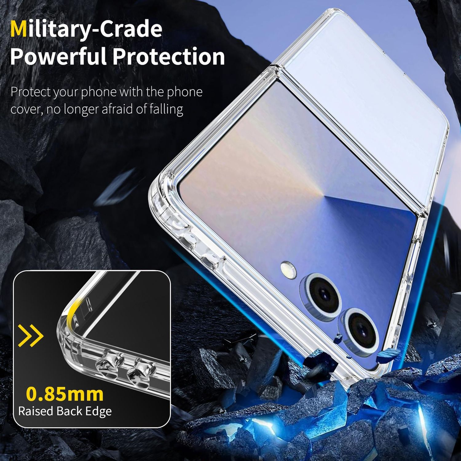Una funda transparente protege un teléfono azul. El texto destaca la protección y un borde trasero elevado. Fondo oscuro con acentos azules.