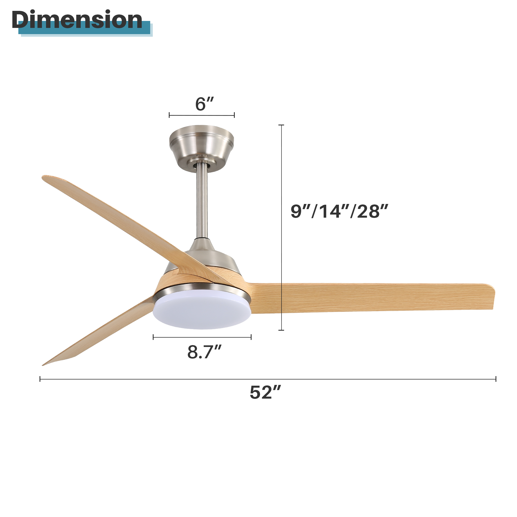 Ein Deckenventilator mit drei Holzblättern. Abmessungen sind beschriftet: 6", 8,7", 52" und 9"/14"/28".