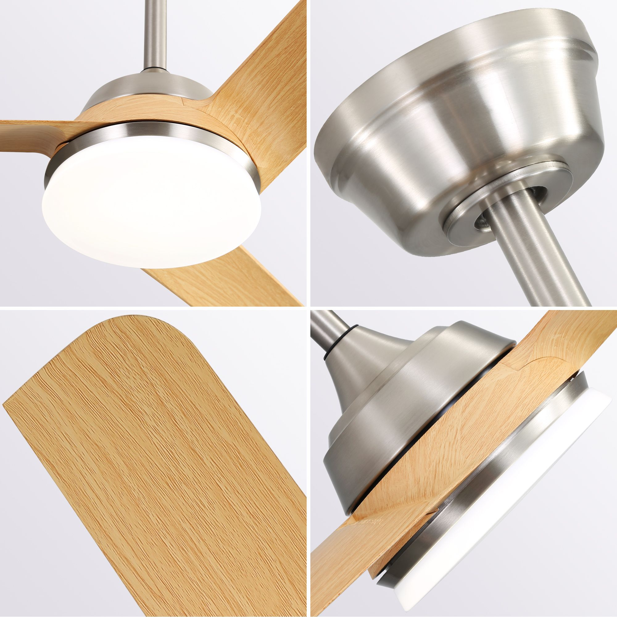 Nahaufnahmen eines Deckenventilators mit Holzflügeln und Licht. Das Motorgehäuse ist silberfarben. Die Flügel sind hellbraun.