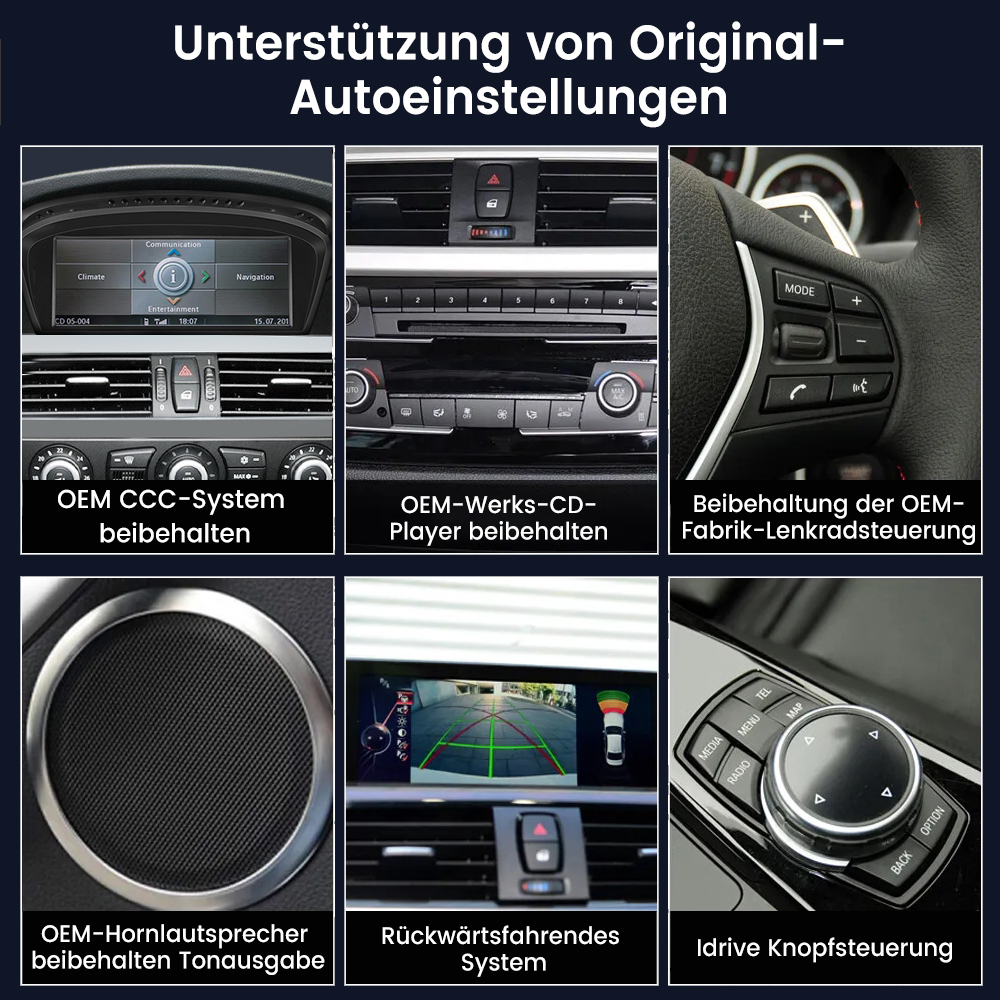 Das Bild zeigt Innenraumkomponenten des Autos: Bildschirm, CD-Player, Lenkrad, Lautsprecher, Rückfahrsystem und iDrive-Knopfsteuerung.