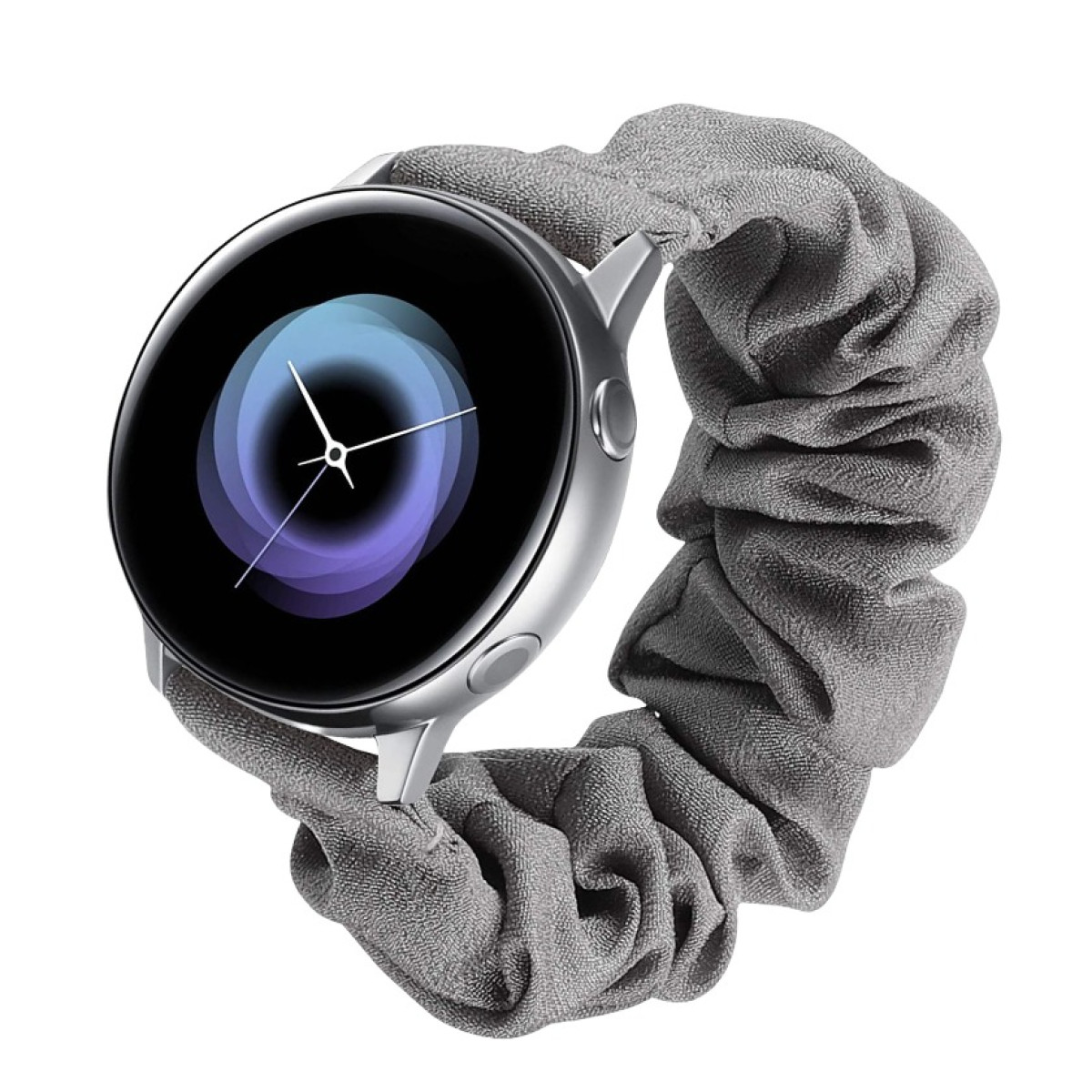 Smartwatch argento con cinturino in tessuto grigio. Il quadrante mostra l'ora. Lo sfondo è bianco.