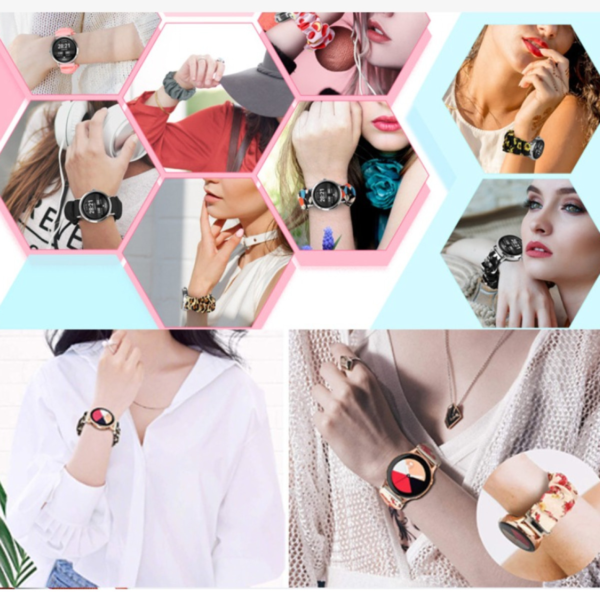 Un montaggio di polsi femminili che mostrano vari smartwatch con diversi cinturini e stili.