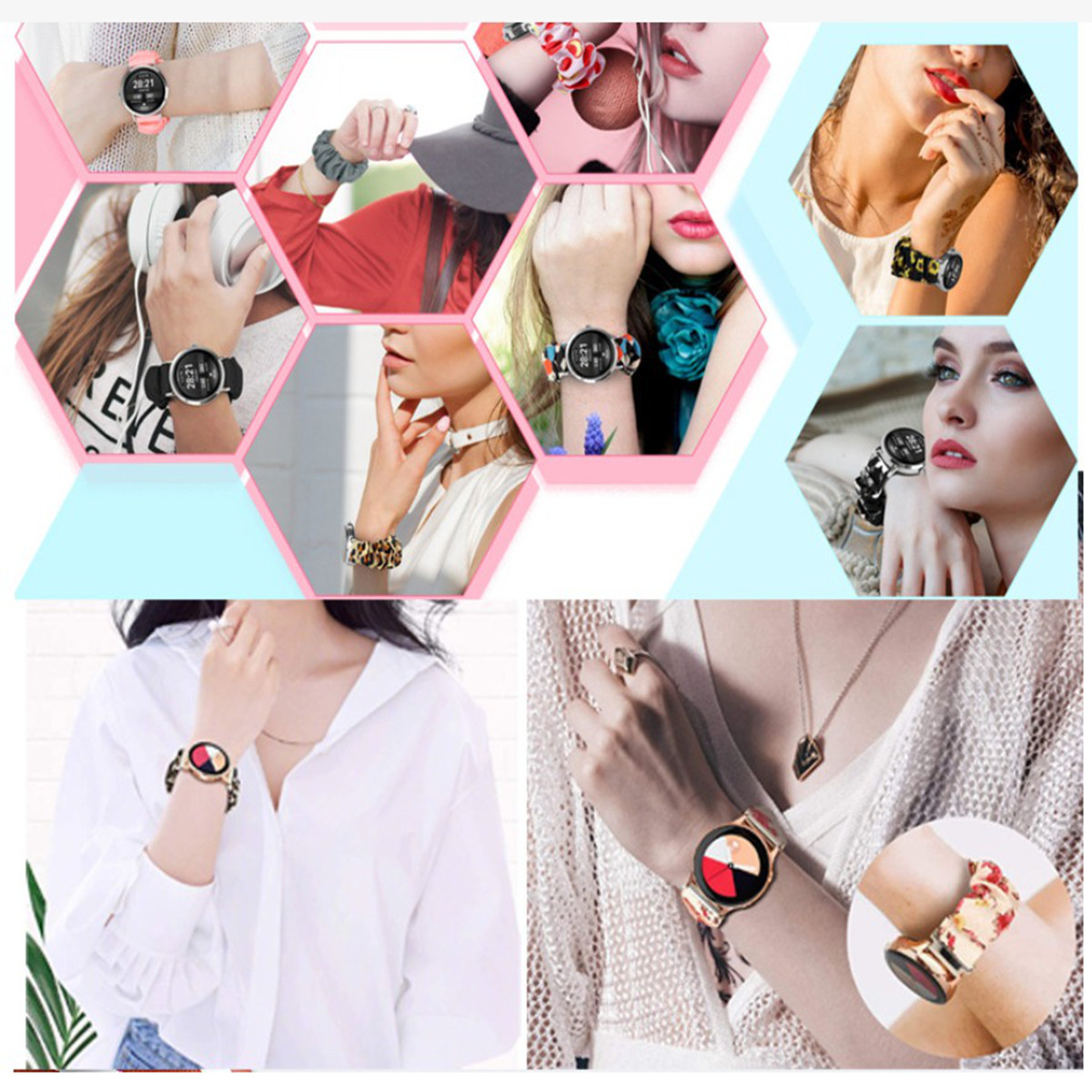 Collage di donne con smartwatch, che mostrano diversi design e stili. Gli orologi presentano cinturini colorati, mostrando accessori moda.
