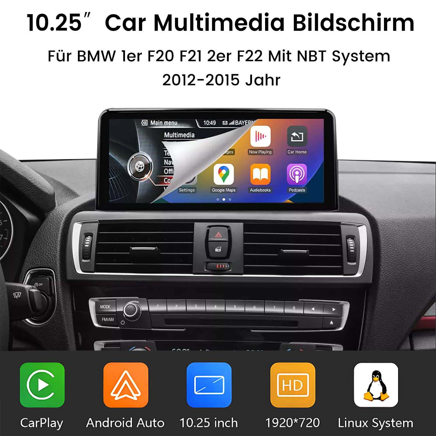 Car-Multimedia-Bildschirm in einem BMW installiert. Der Bildschirm zeigt verschiedene Apps an. CarPlay, Android Auto und Linux System werden ebenfalls erwähnt.