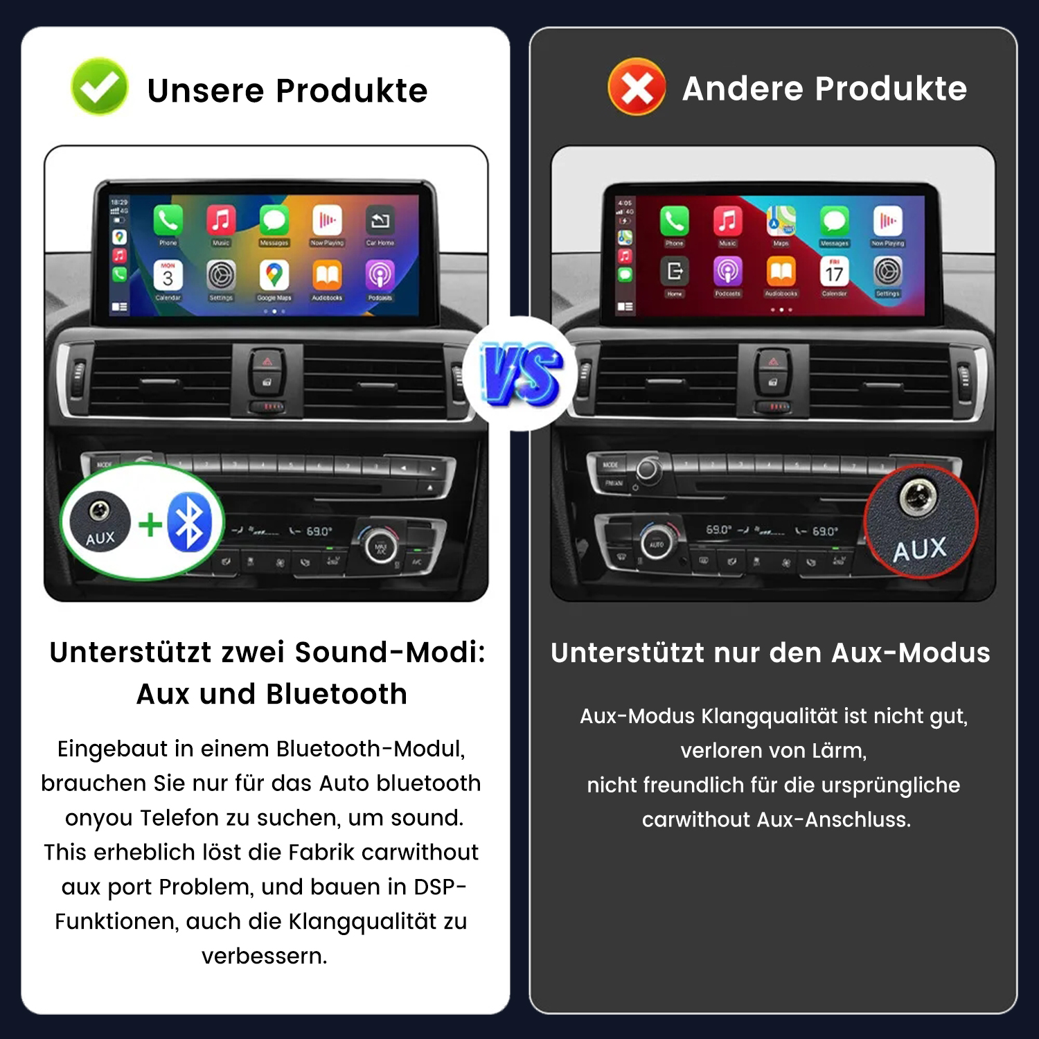 Bildvergleich von Auto-Infotainmentsystemen. Linke Seite zeigt Bluetooth und AUX, rechte Seite nur AUX. Text hebt Unterschiede hervor.