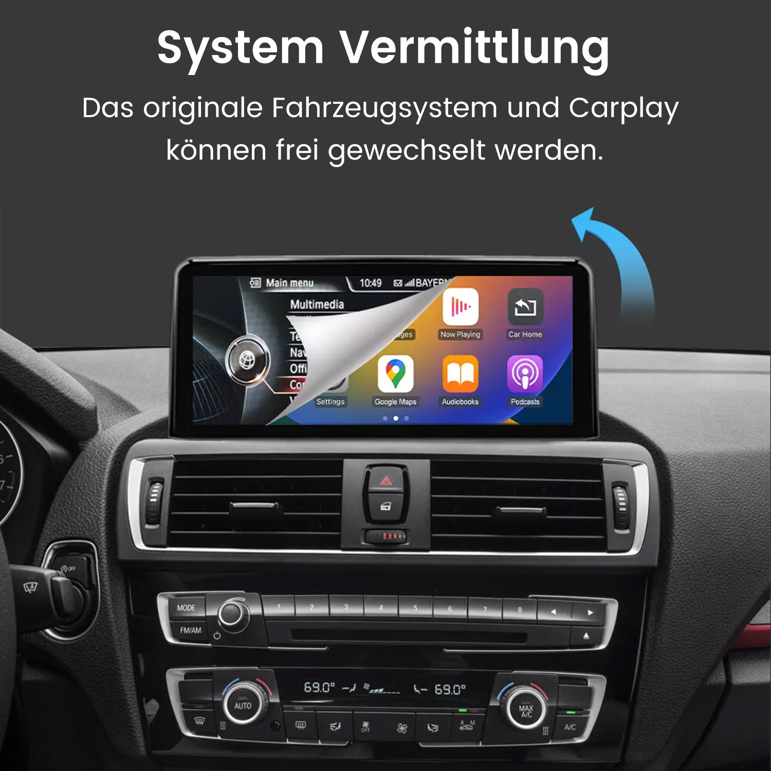 Armaturenbrett mit Bildschirm, der eine Benutzeroberfläche zeigt. Der Bildschirm zeigt verschiedene App-Symbole und ein Hauptmenü.