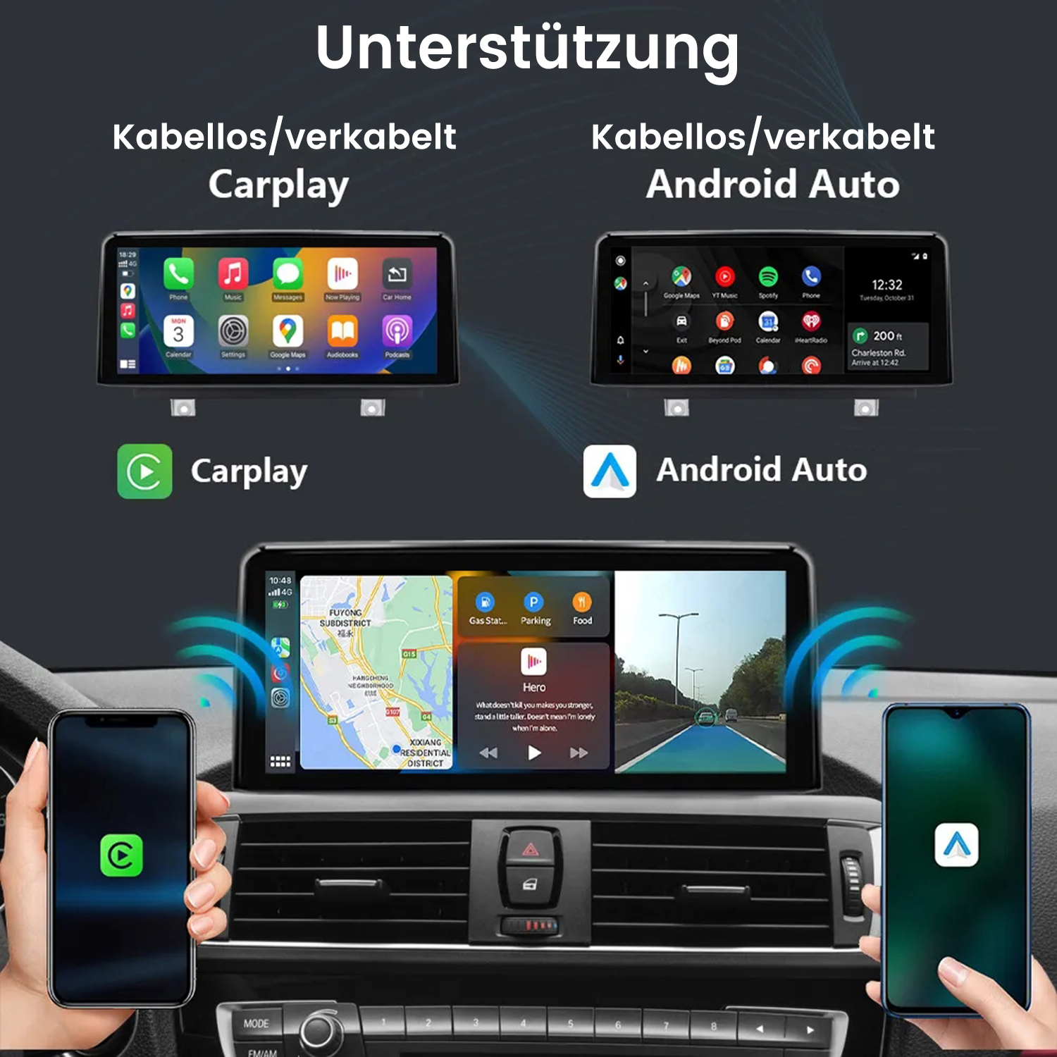 Auto-Display mit Telefonbildschirmen. Eines zeigt CarPlay, das andere Android Auto. Im Hintergrund sind ein Armaturenbrett und ein Auto.