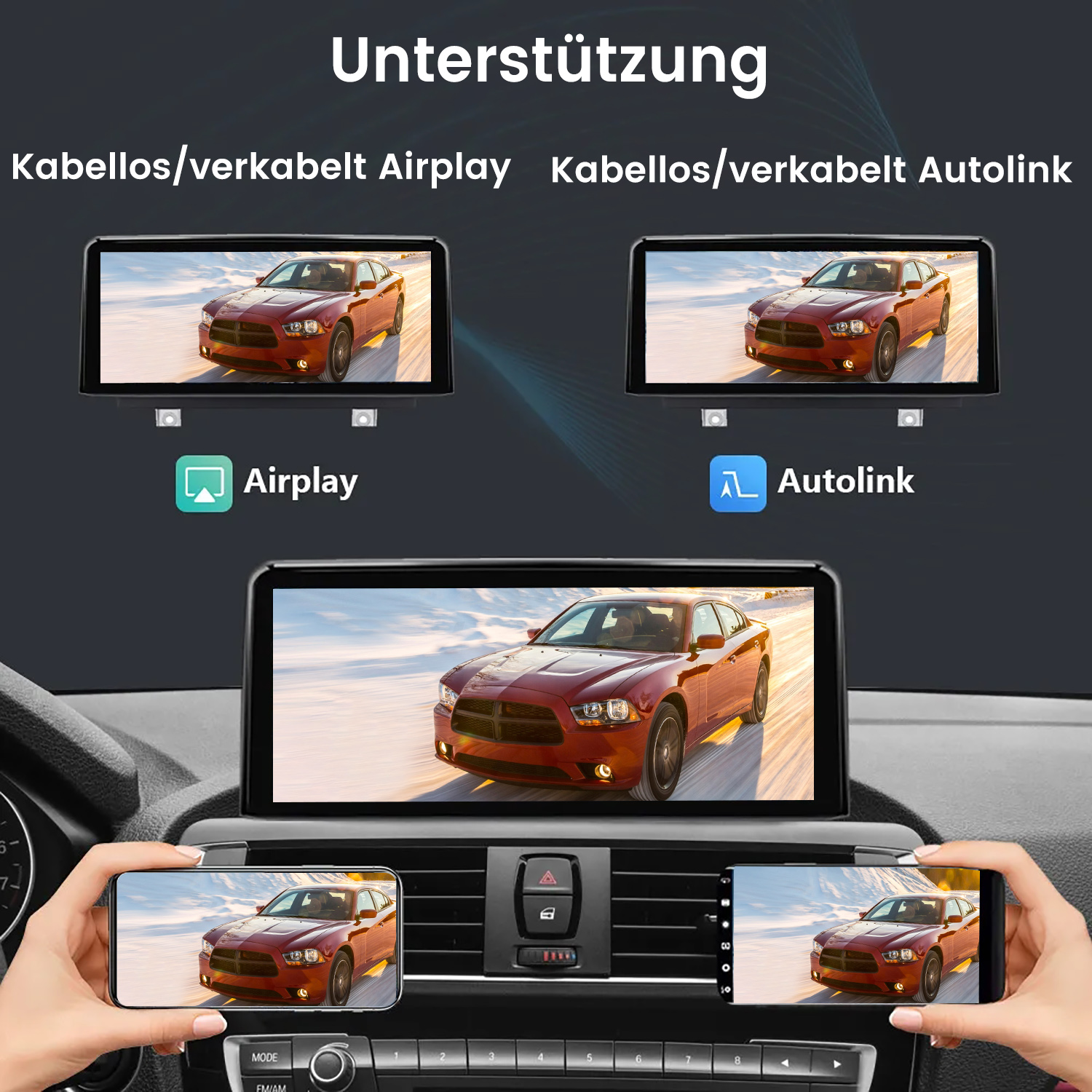 Auto-Armaturenbrett mit mehreren Bildschirmen, die ein rotes Auto zeigen. Hände halten Telefone mit demselben Autobild.