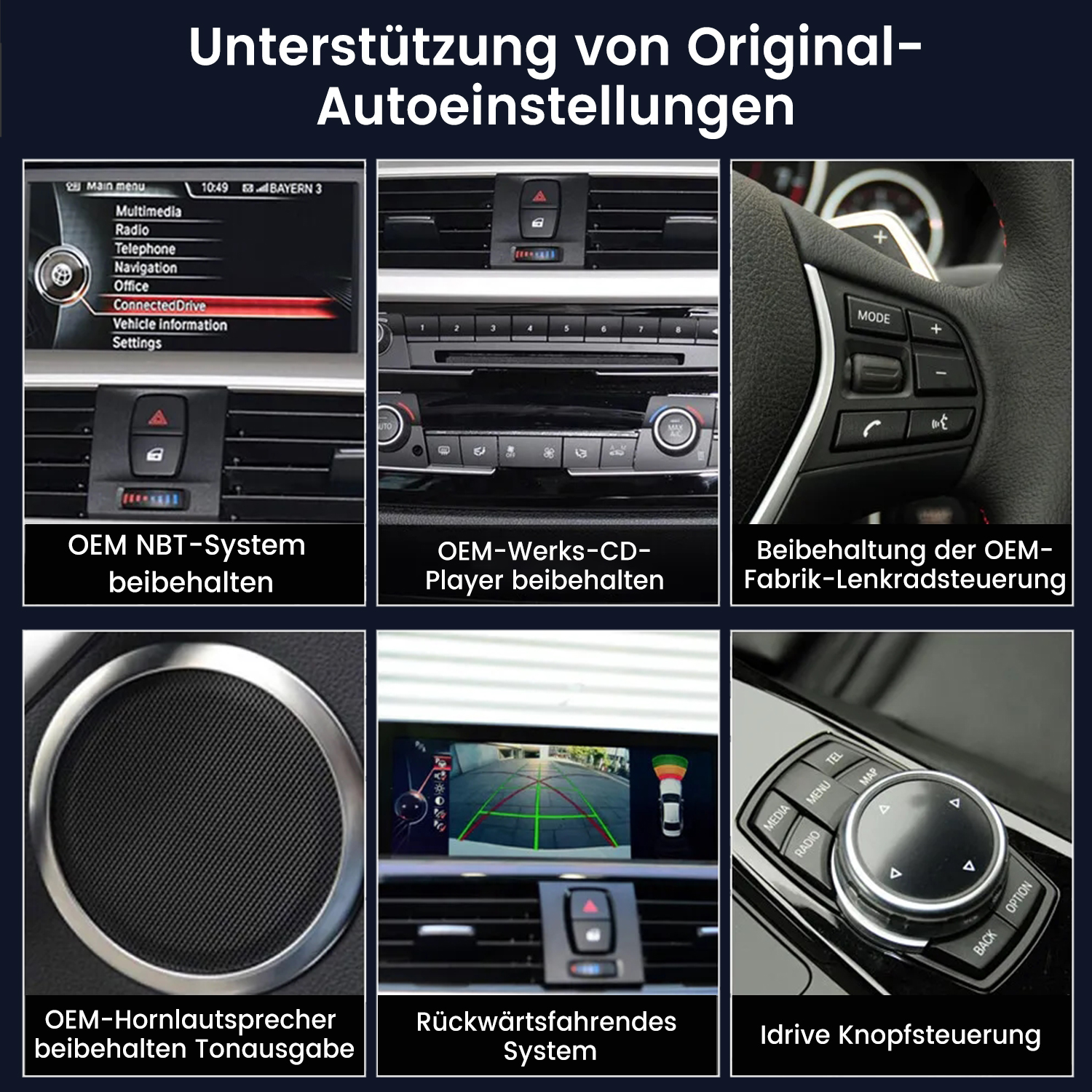 Das Bild zeigt Komponenten des Fahrzeuginnenraums, darunter Bildschirm, CD-Player, Lenkrad, Lautsprecher, Rückfahrsystem und iDrive-Controller.