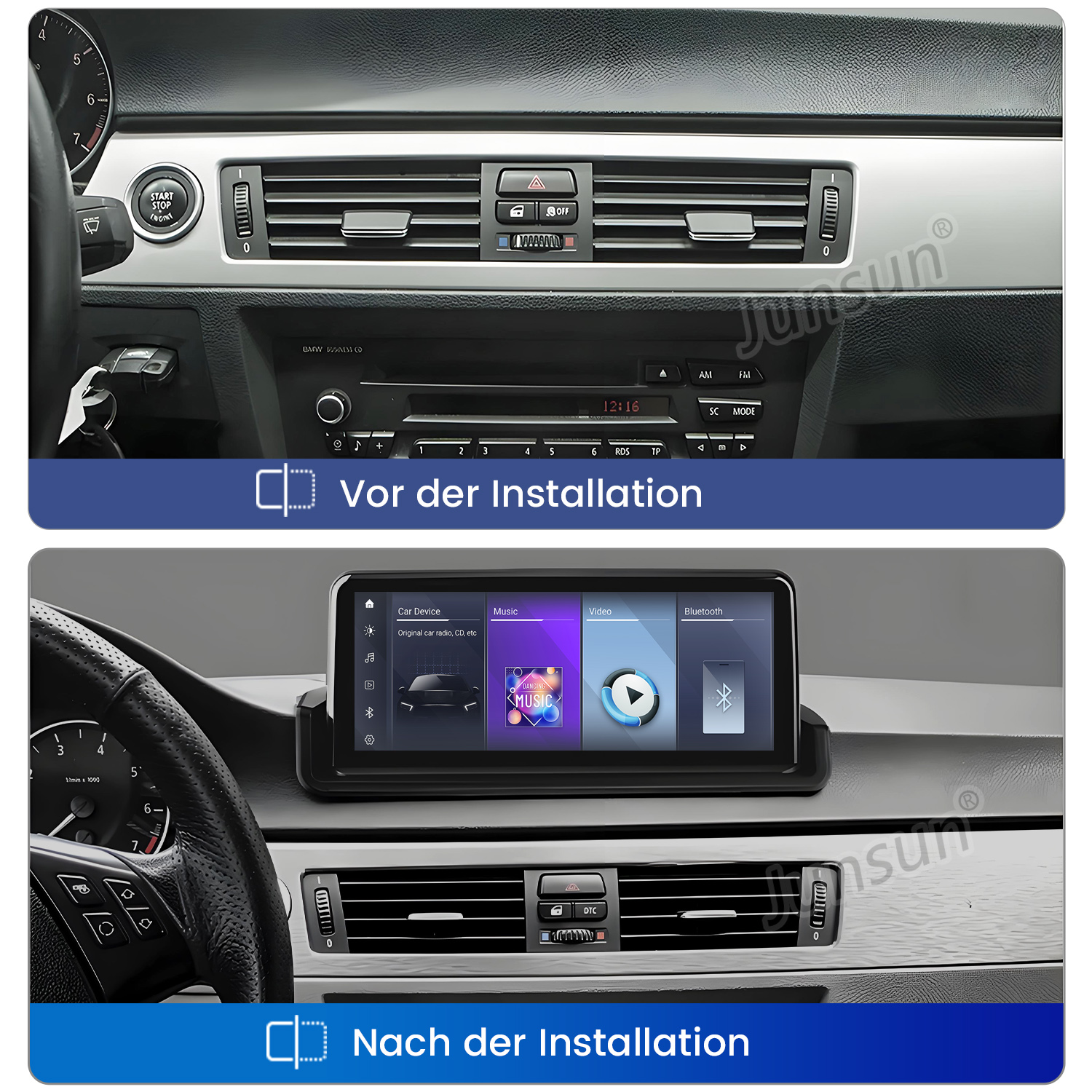 Autoinnenraum vor und nach der Installation eines Bildschirms. Oben: Radiopaneel. Unten: Bildschirm mit Navigations-, Musik- und Videooptionen.