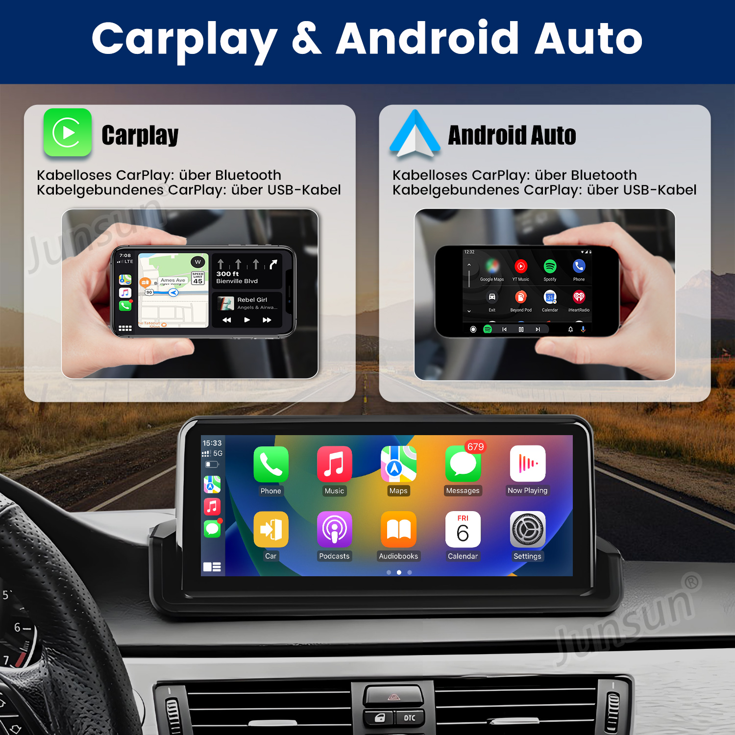 Ein Auto-Dashboard zeigt CarPlay- und Android Auto-Funktionen. Bildschirme zeigen Navigation, Musik-Apps und Einstellungen.