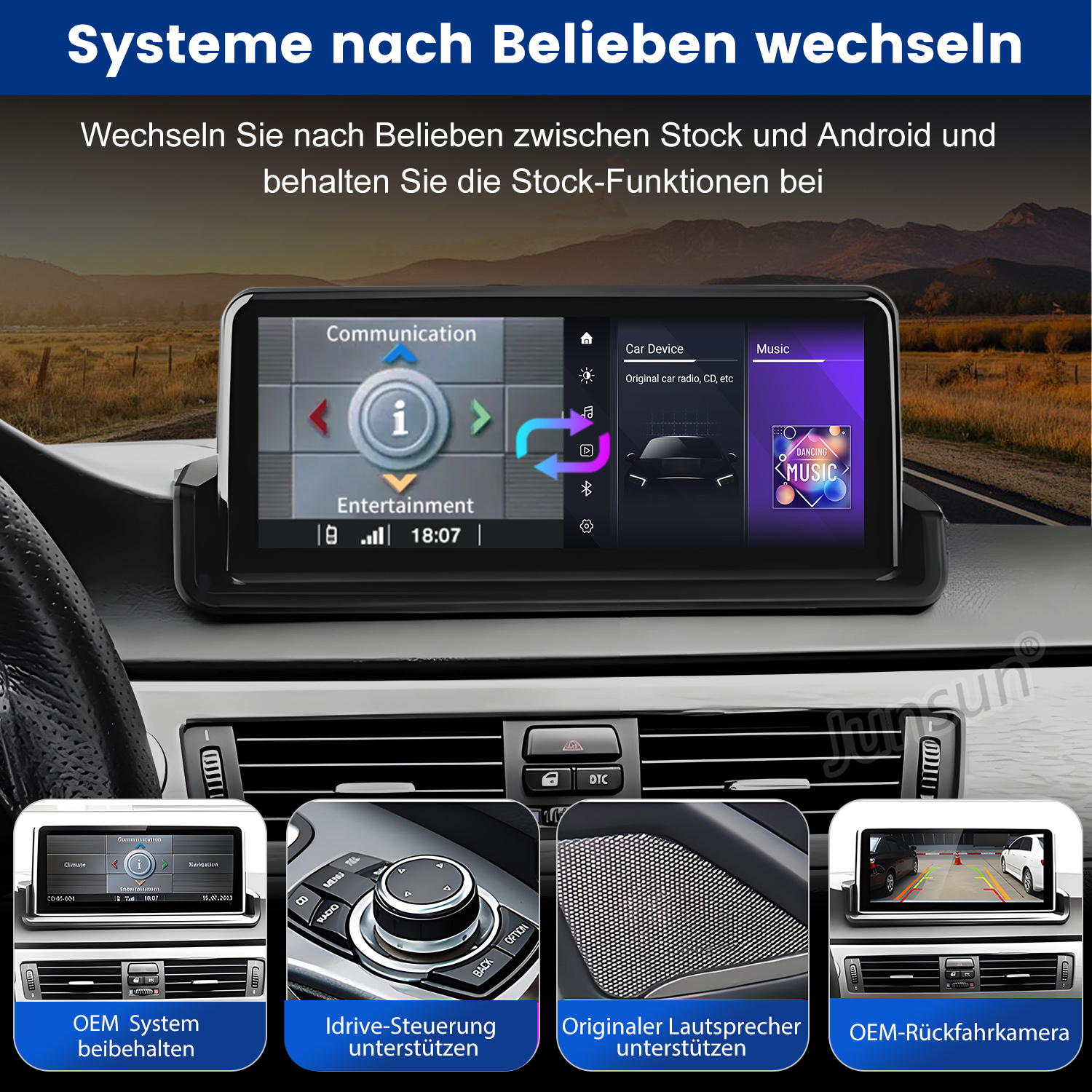 Auto-Armaturenbrett-Bildschirm mit Navigation, Musik und Geräteoptionen. Unten, vier kleinere Bildschirme zeigen Systemfunktionen.