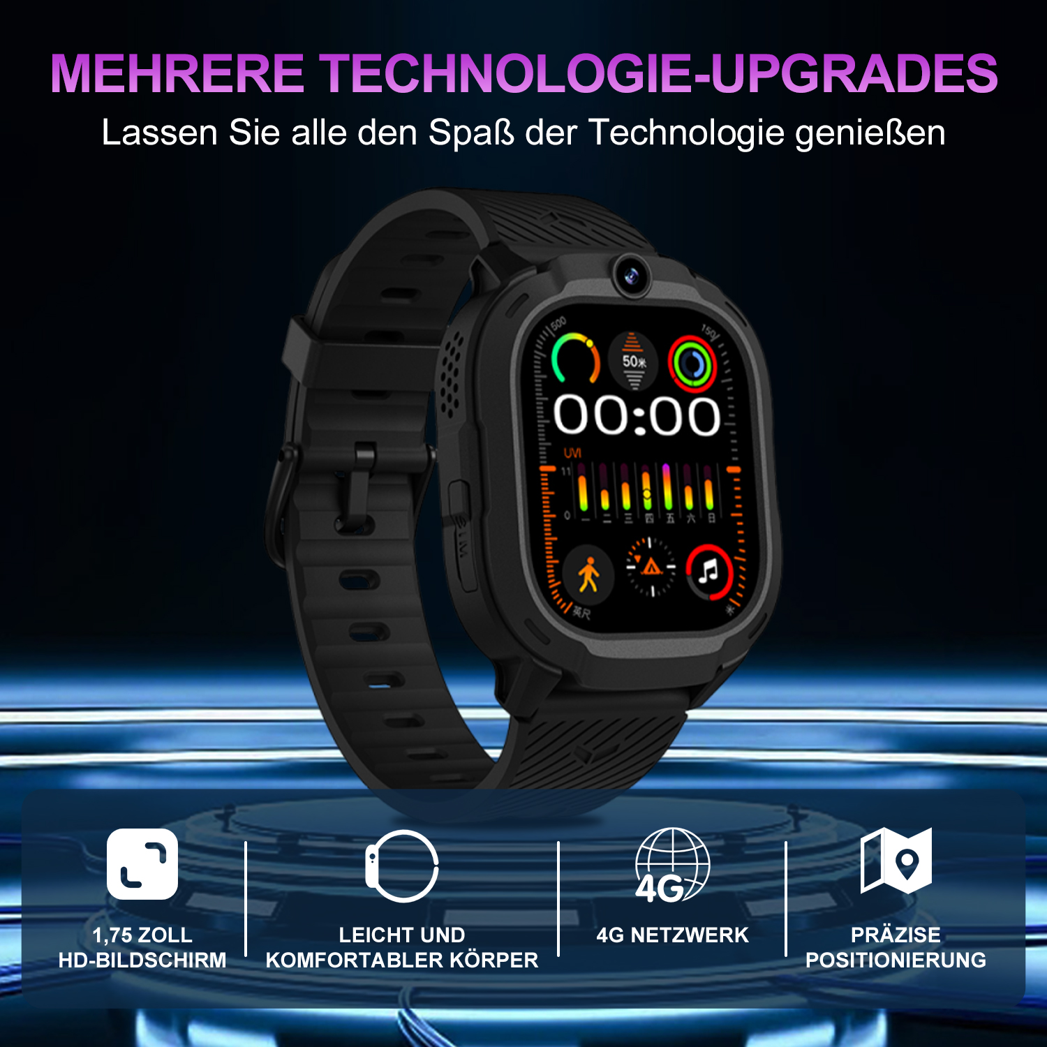 Eine schwarze Smartwatch mit digitaler Anzeige, die Zeit und Symbole anzeigt. Oben steht "MEHRERE TECHNOLOGIE-UPGRADES".