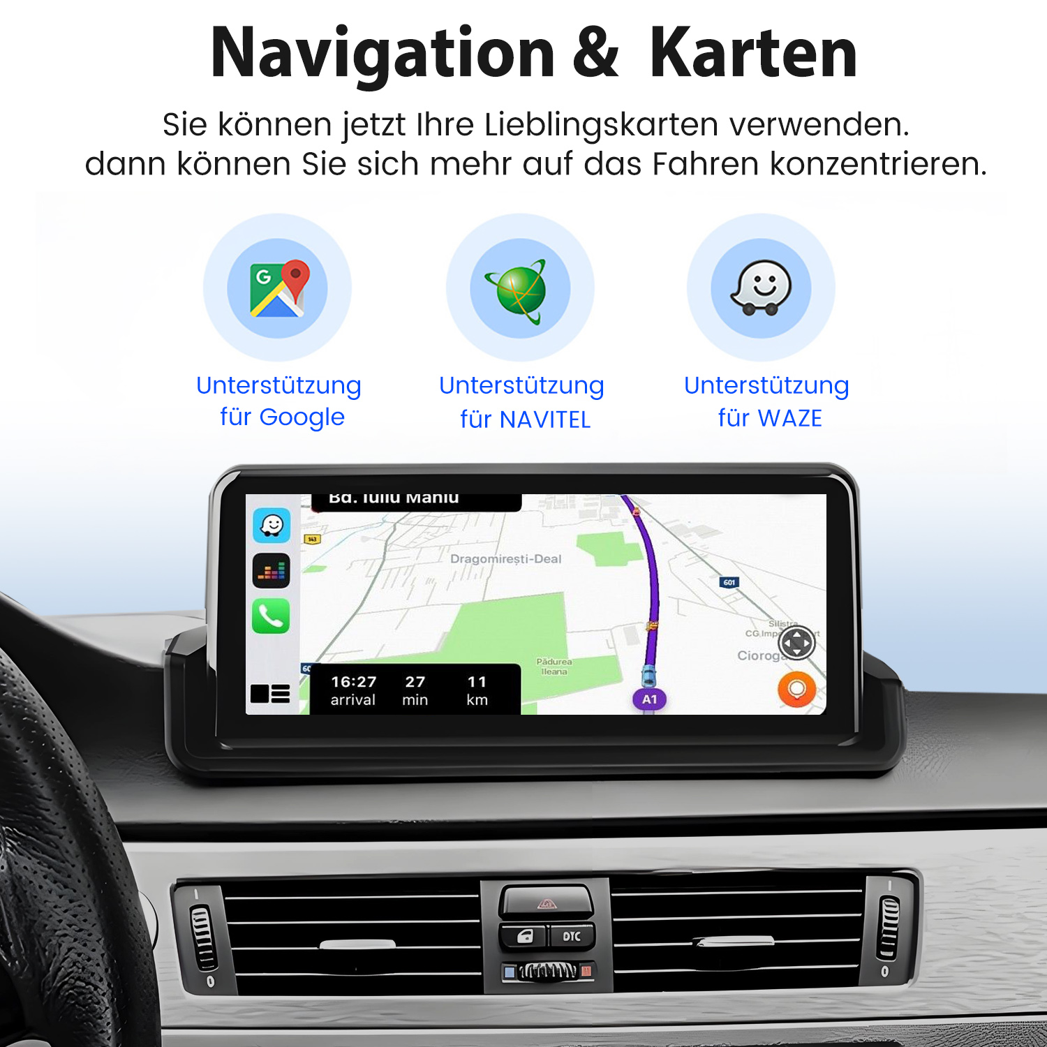 Armaturenbrett mit Navigations-App. Karte, Zeit und Entfernung werden angezeigt. Logos für Google, Navitel und Waze sind vorhanden.
