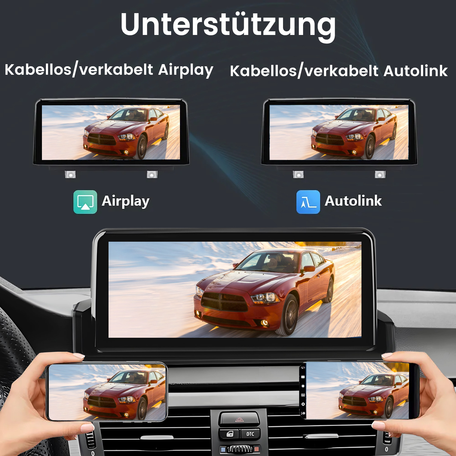 Bildschirme zeigen ein rotes Auto. Hände halten Telefone mit demselben Auto. Der Text oben lautet 'Unterstützung'.