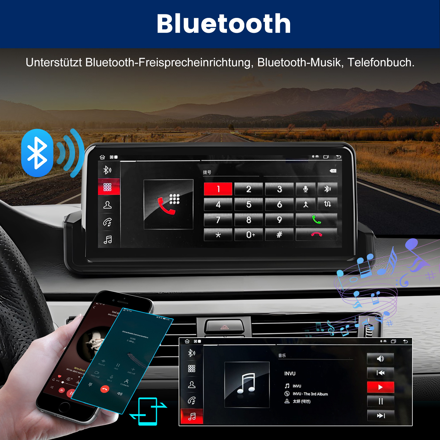 Autoschnittstelle mit Telefonanrufbildschirm und Musik. Das Wort Bluetooth steht oben. Ein Telefon ist in der Hand des Fahrers.
