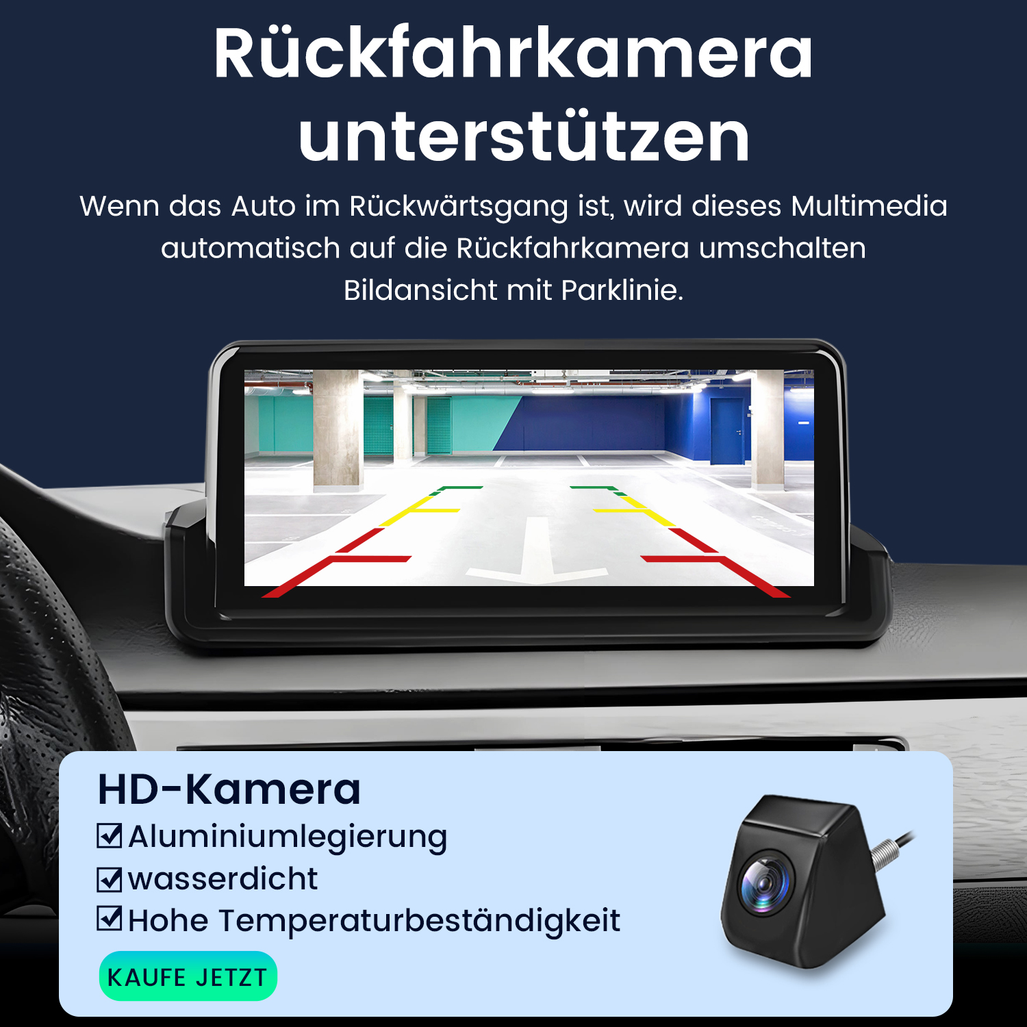 Das Bild zeigt die Anzeige einer Rückfahrkamera mit Parklinien. Enthält Text über die Kamerafunktionen und ein Produktbild der Kamera.