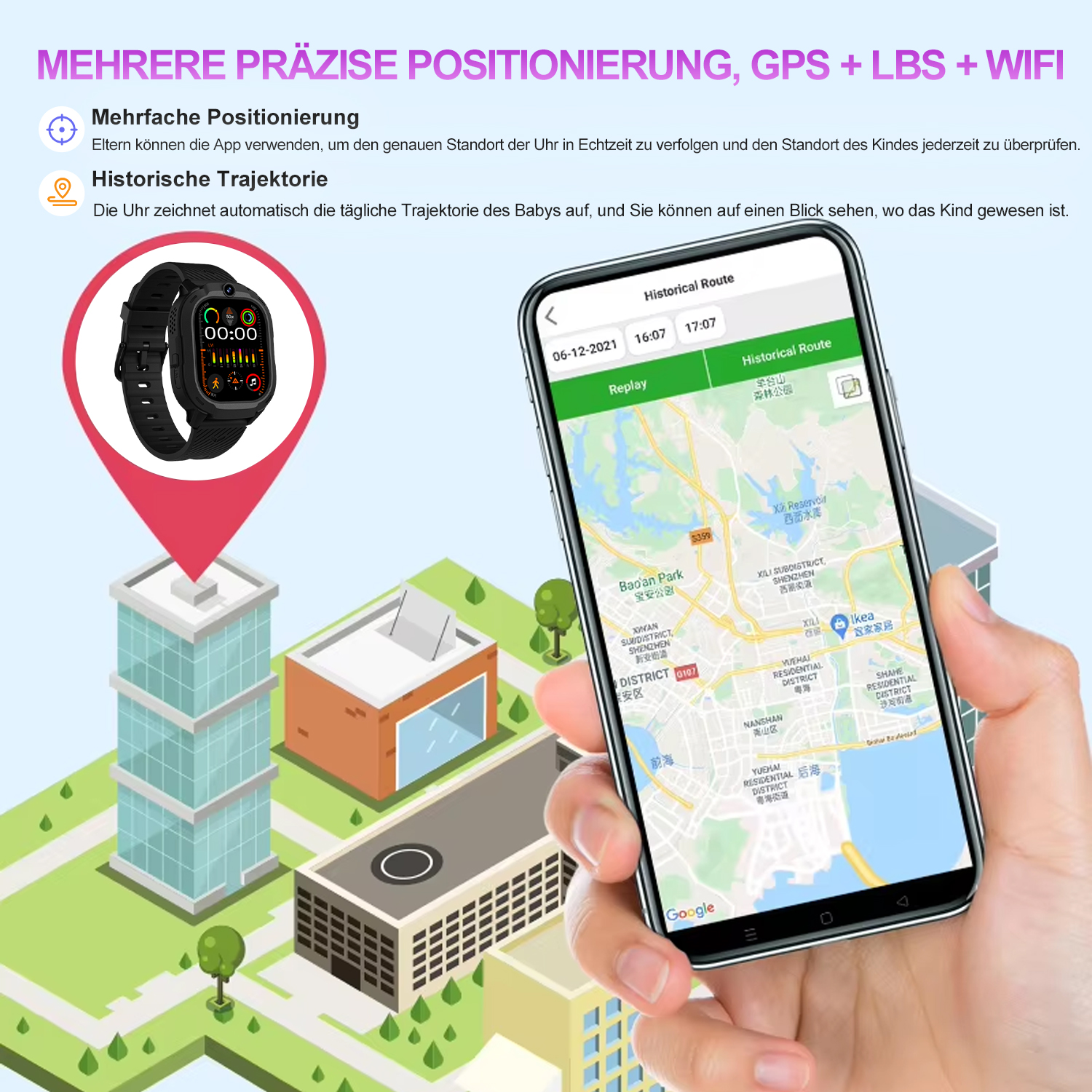Eine Hand hält ein Telefon mit einer Karte mit historischer Route. Links ist eine Smartwatch. Gebäude im Hintergrund.
