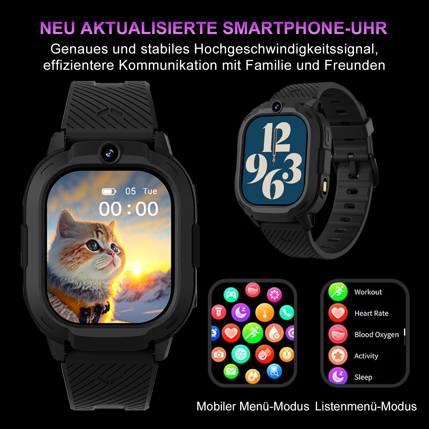 Schwarze Smartwatch mit Katzenbild, Uhrzeit und App-Symbolen. Text: 'NEU AKTUALISIERTE SMARTPHONE-UHR'.
