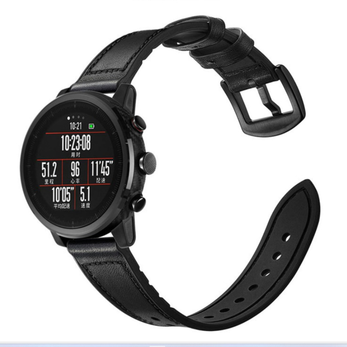 Smartwatch nero con cinturino in pelle, che mostra tempo e metriche di attività. L'orologio è su sfondo bianco.