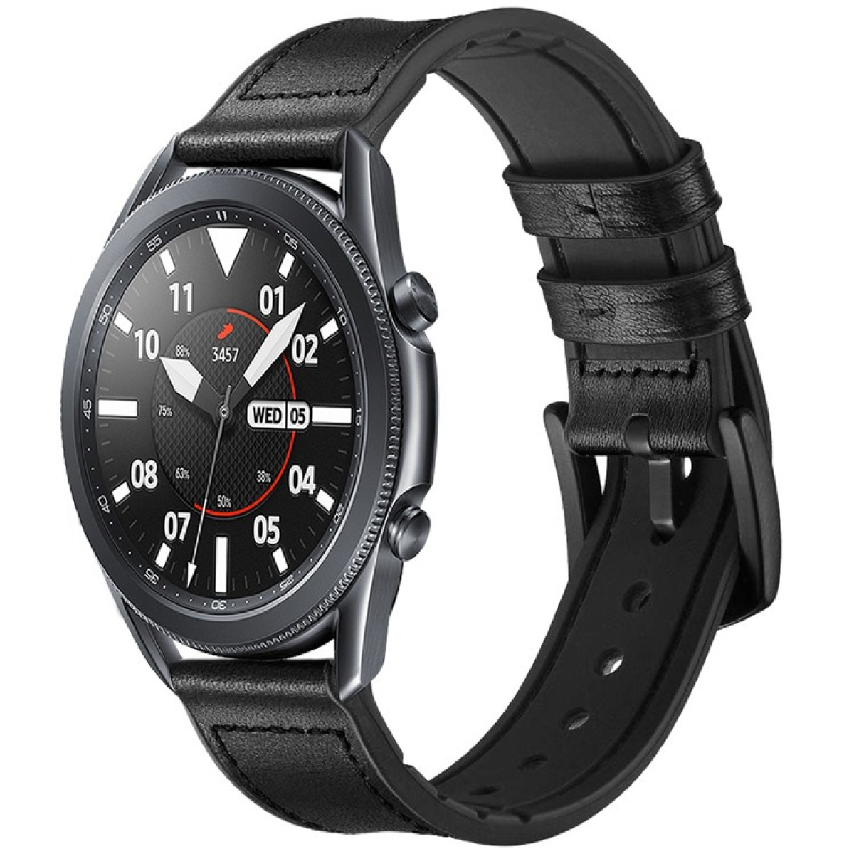 Uno smartwatch nero con cinturino in pelle nera. Il quadrante mostra numeri e lancette. Lo sfondo è uniforme.