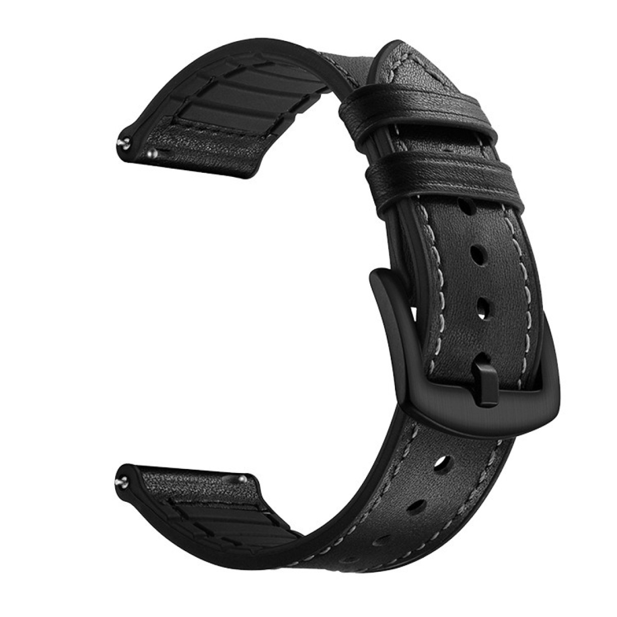 Un cinturino nero in pelle con cuciture bianche. Ha una fibbia nera ed è curvo. Il cinturino è su sfondo bianco.