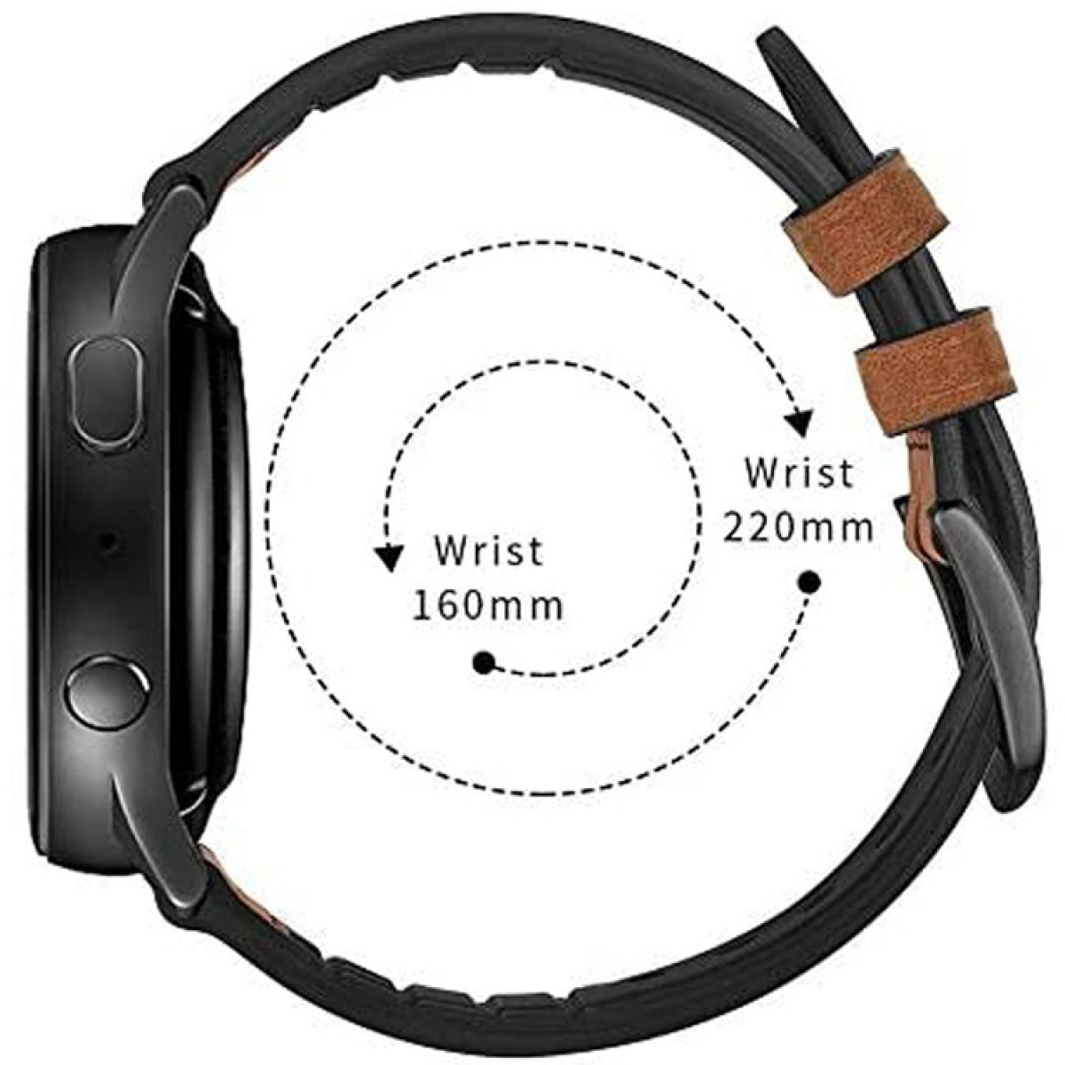 Smartwatch nero con cinturino in pelle marrone. Cerchi tratteggiati mostrano la misura del polso: 160mm e 220mm. Vista laterale dell'orologio, pulsanti visibili.