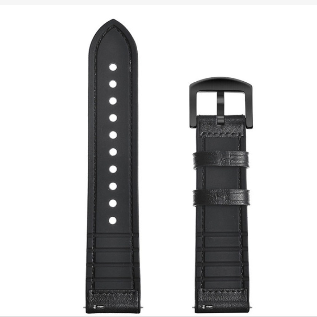 Due cinturini neri per orologi. Uno ha dei fori, l'altro una fibbia. Entrambi sono in pelle e hanno un design strutturato.