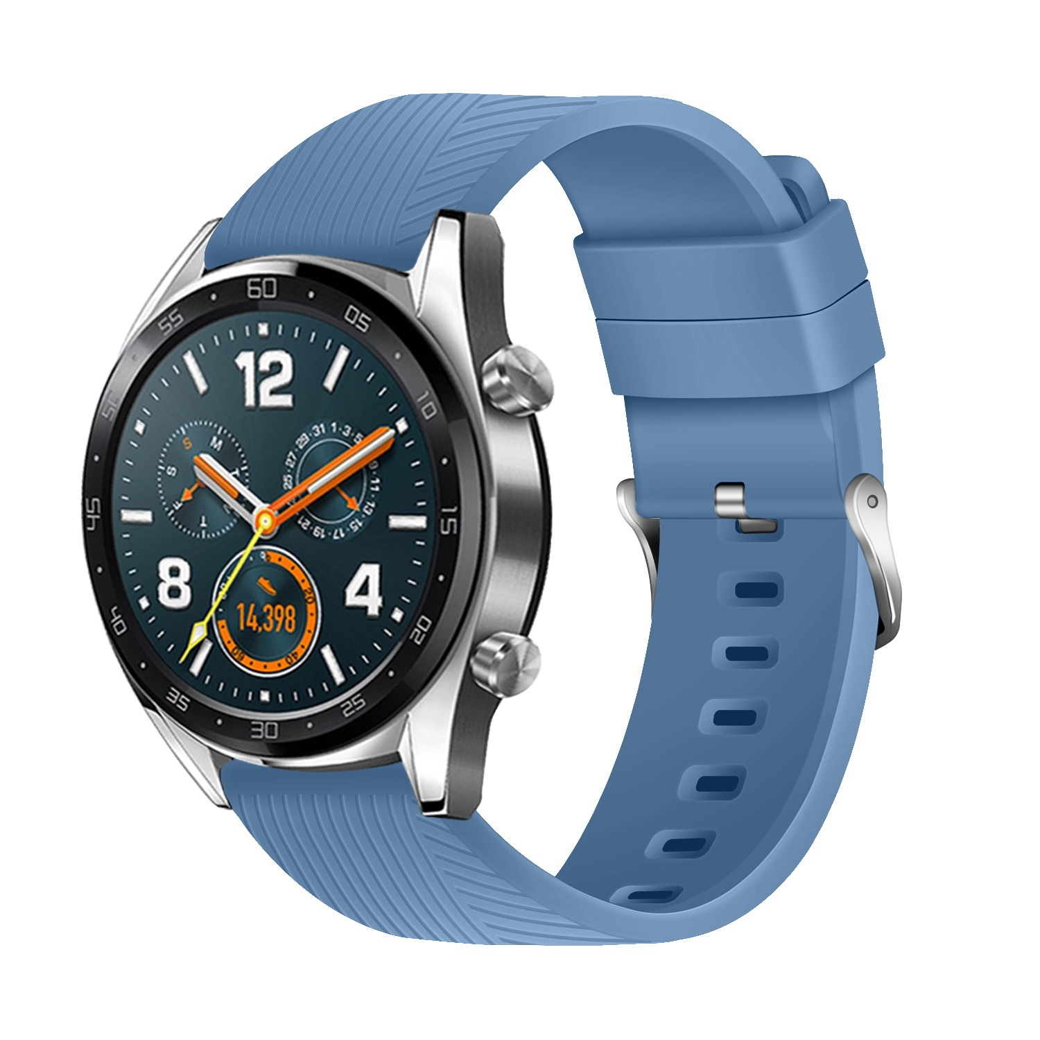 Uno smartwatch con cinturino blu. Il quadrante è scuro con lancette e numeri arancioni. Visualizza l'ora e altre informazioni.