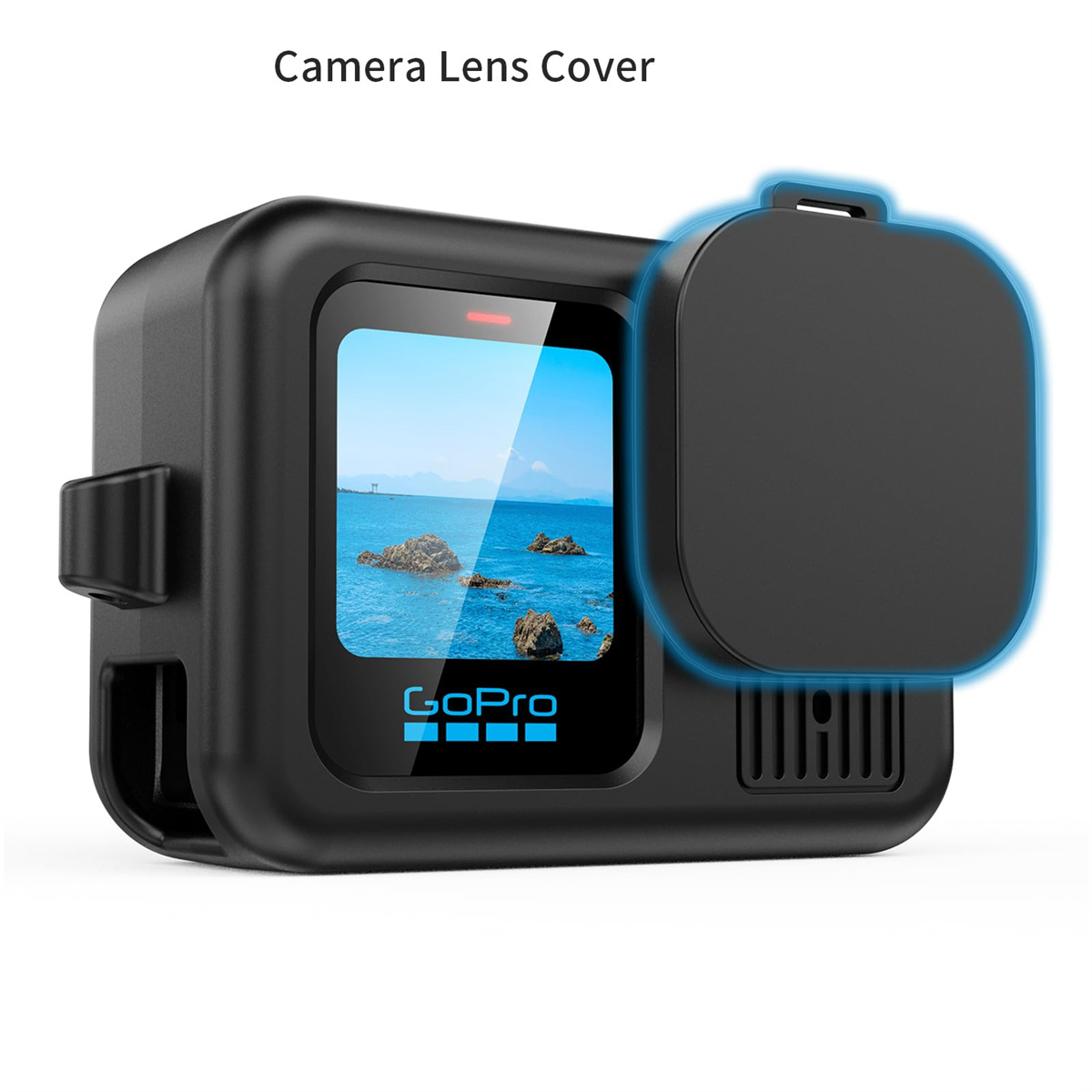 Schwarze GoPro-Kamera mit Objektivabdeckung. Der Bildschirm zeigt eine Meerblick. Das GoPro-Logo ist sichtbar.