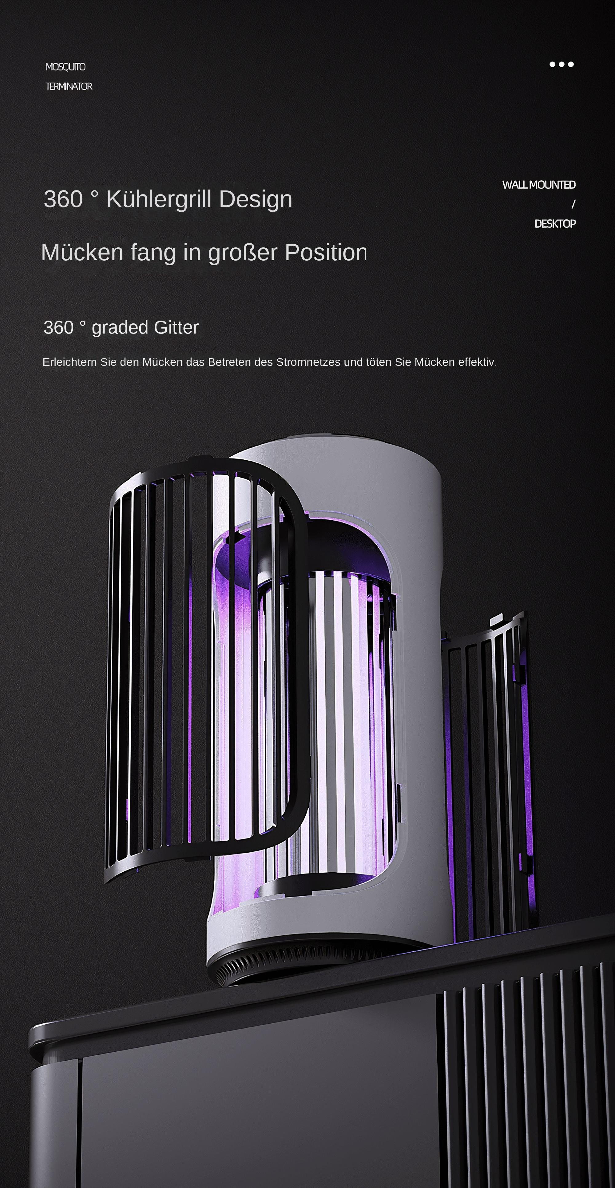 Ein Moskitoterminator mit 360-Grad-Grilldesign, mit violettem Licht und schwarzem Rahmen, auf schwarzem Hintergrund.