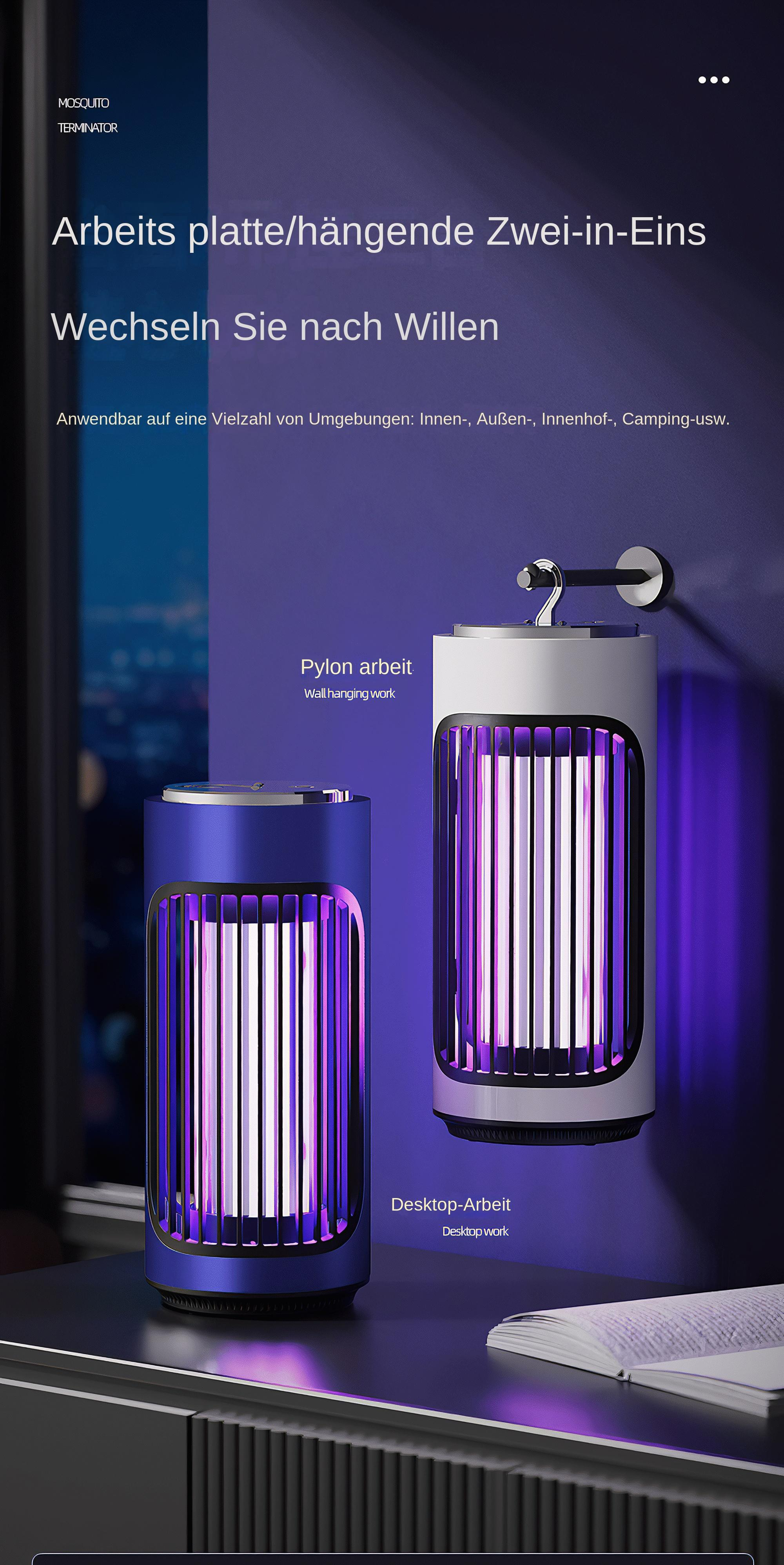 Zwei Insektenvernichter, einer blau, einer weiß, mit violetten Lichtern. Text auf Deutsch. Einer hängt, der andere steht auf einem Schreibtisch.