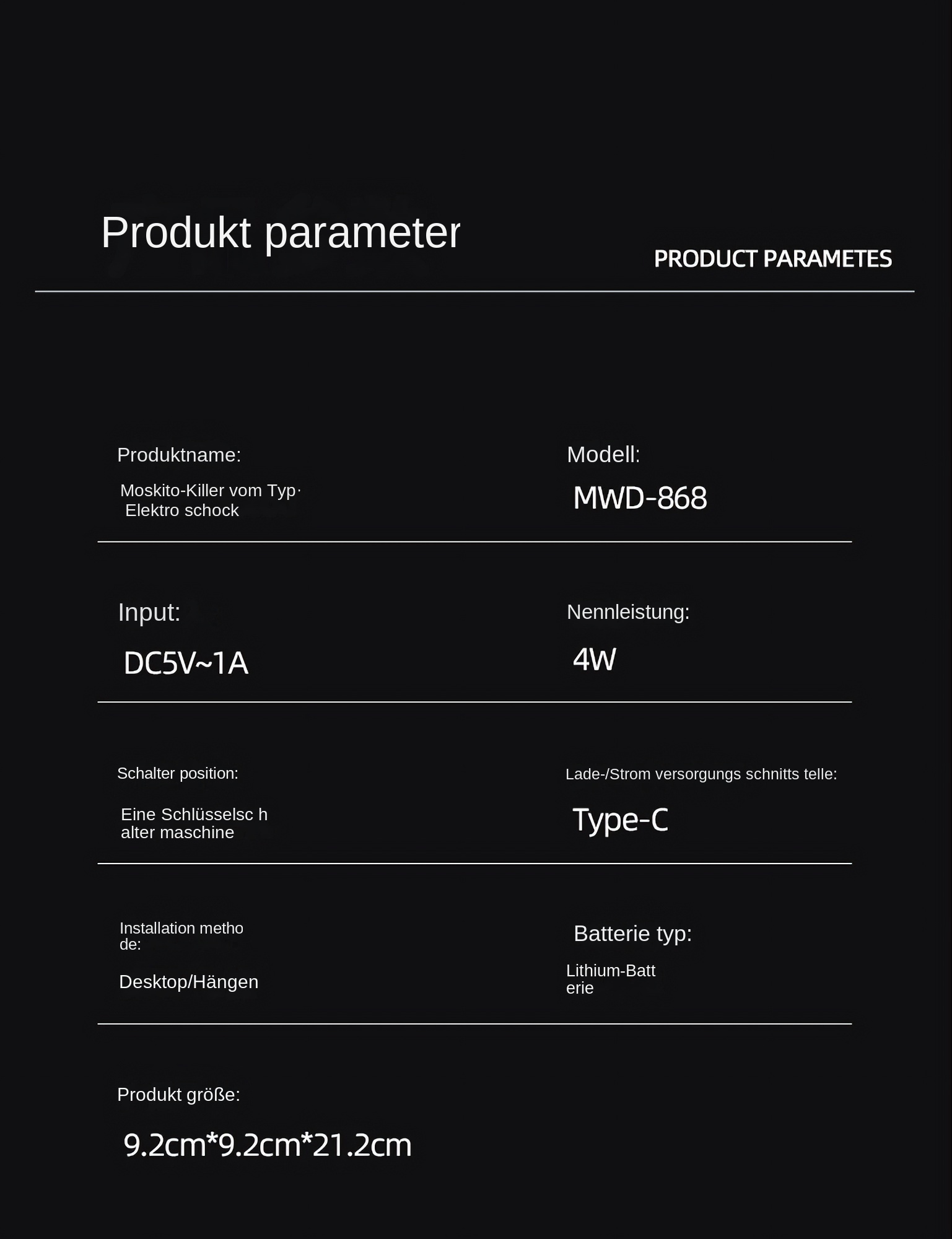 Ein schwarz-weißes Produktparameterblatt. Es listet Produktdetails wie Name, Modell, Eingang, Leistung und Batterietyp auf.