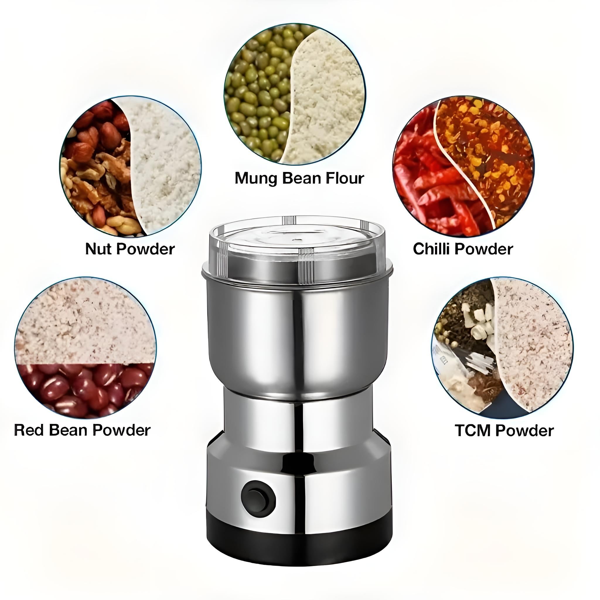 Ein silberner Mixer mit Zutaten in Kreisen: Nüsse, Mungobohnen, Chili, TCM und rote Bohnen. Weißer Hintergrund.