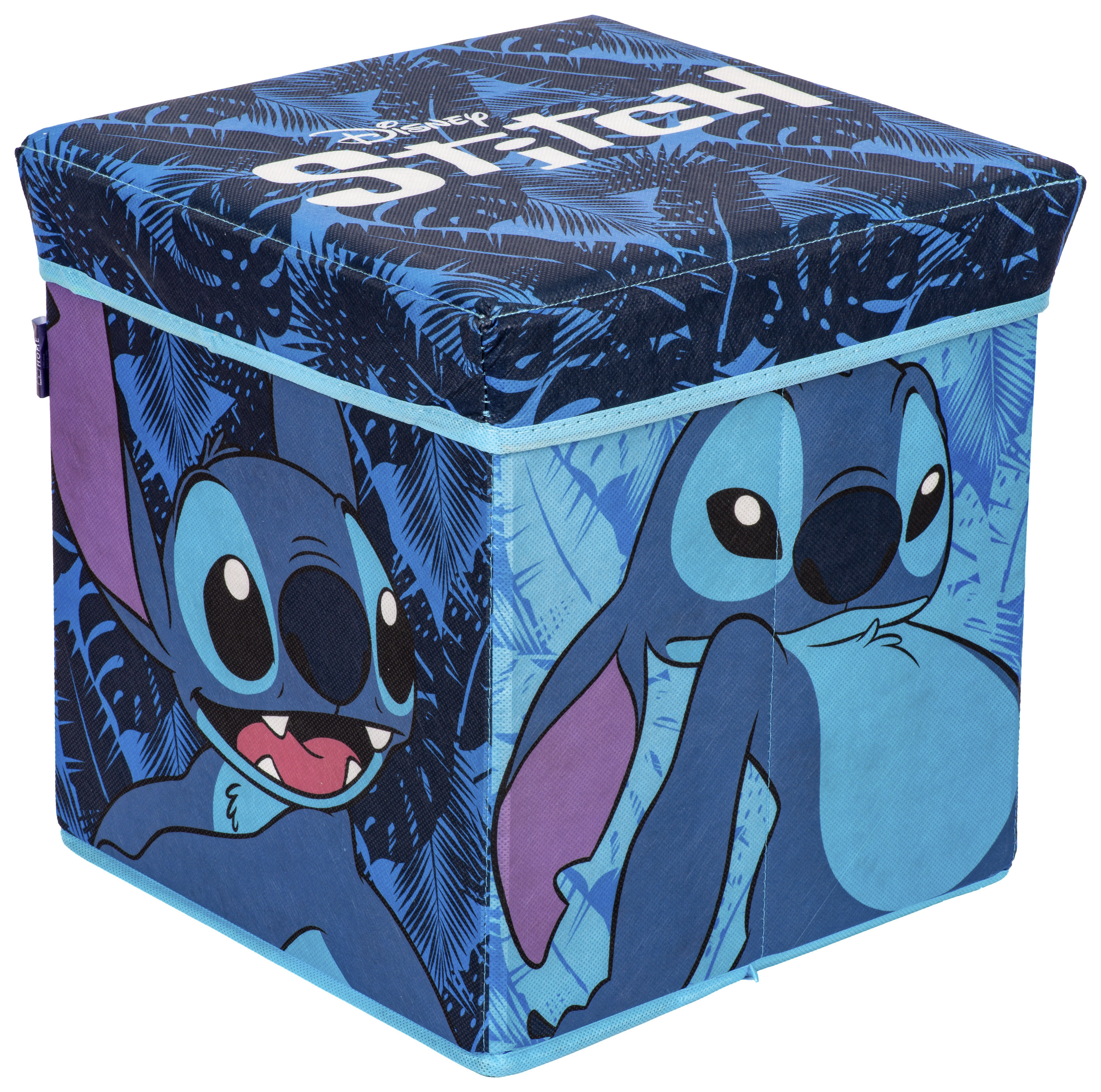 Ein blauer Würfel mit Stitch-Cartoonmotiven und tropischen Blättern an den Seiten und oben.