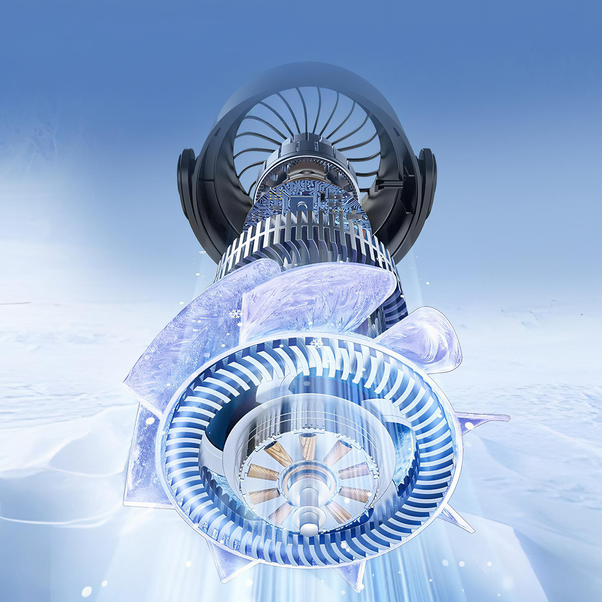 Schnittansicht eines Motors. Blaue und silberne Details mit Eiseffekten. Klarer Himmel im Hintergrund. Künstlerische Darstellung.