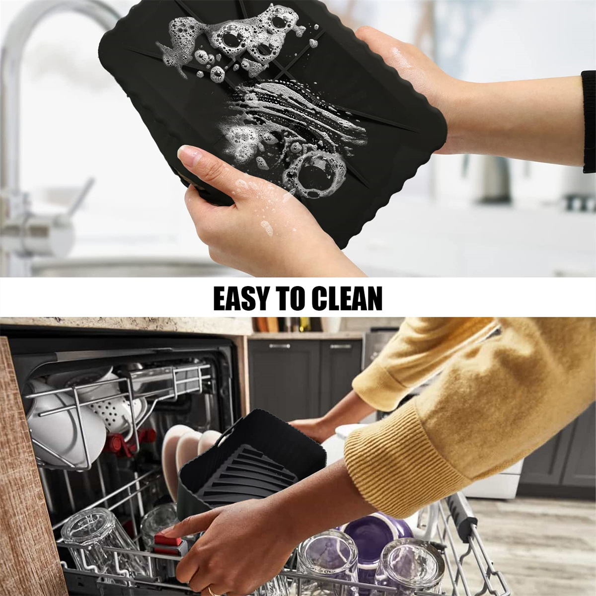 Hände waschen eine schwarze Silikonmatte mit Seife. Dann, sie in eine Spülmaschine mit Gläsern und Geschirr legen. Text sagt 'EASY TO CLEAN'.