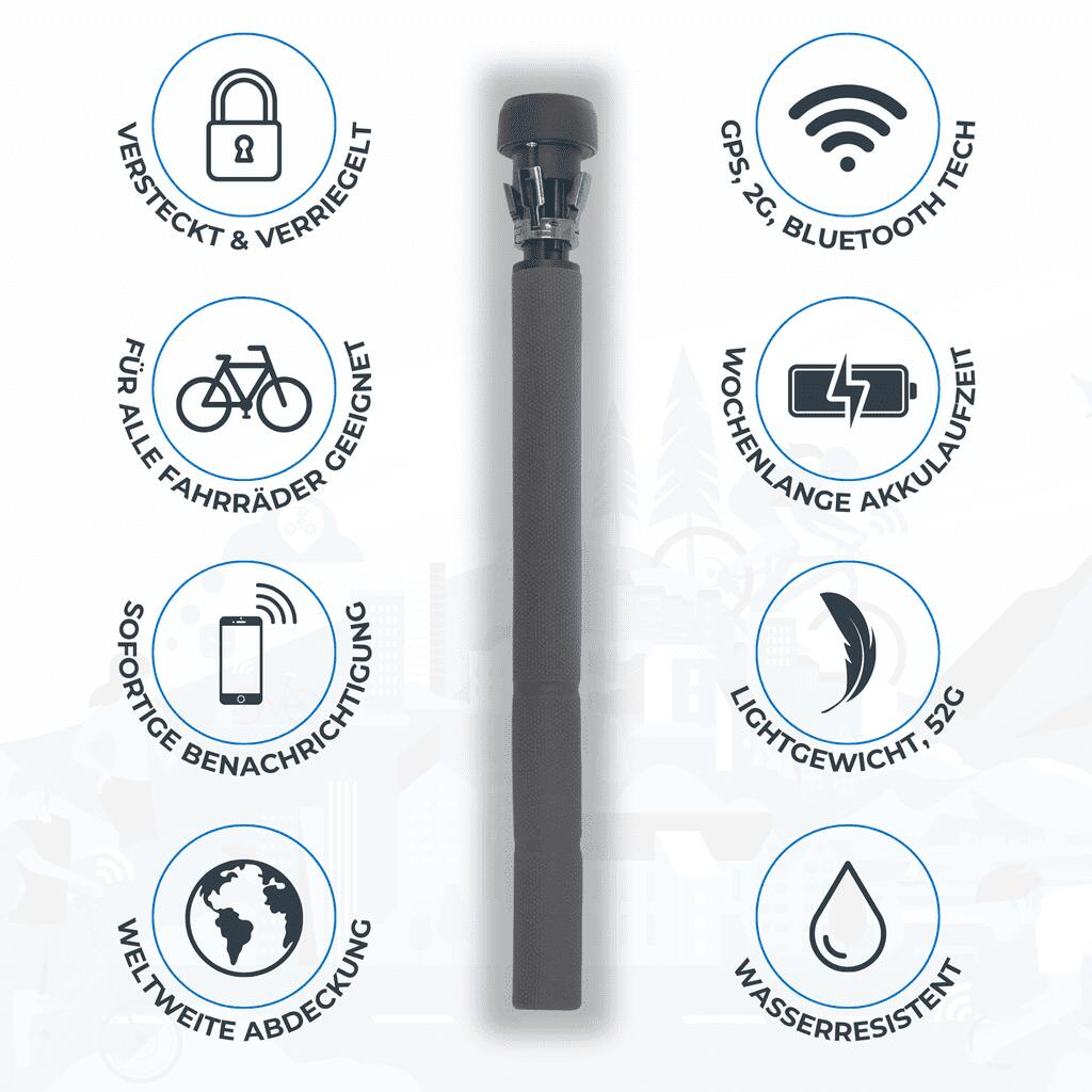 Ein graues Fahrradschloss mit Funktionssymbolen: Schloss, Fahrrad, Telefon, Globus, WLAN, Batterie, Feder, Tropfen. Text auf Deutsch.